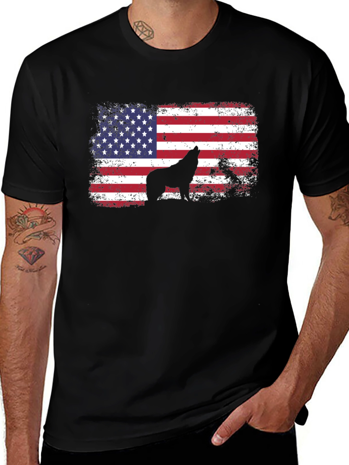 Variant 17 of USA Flag Wolf Graphic Tee - Patriotic Style