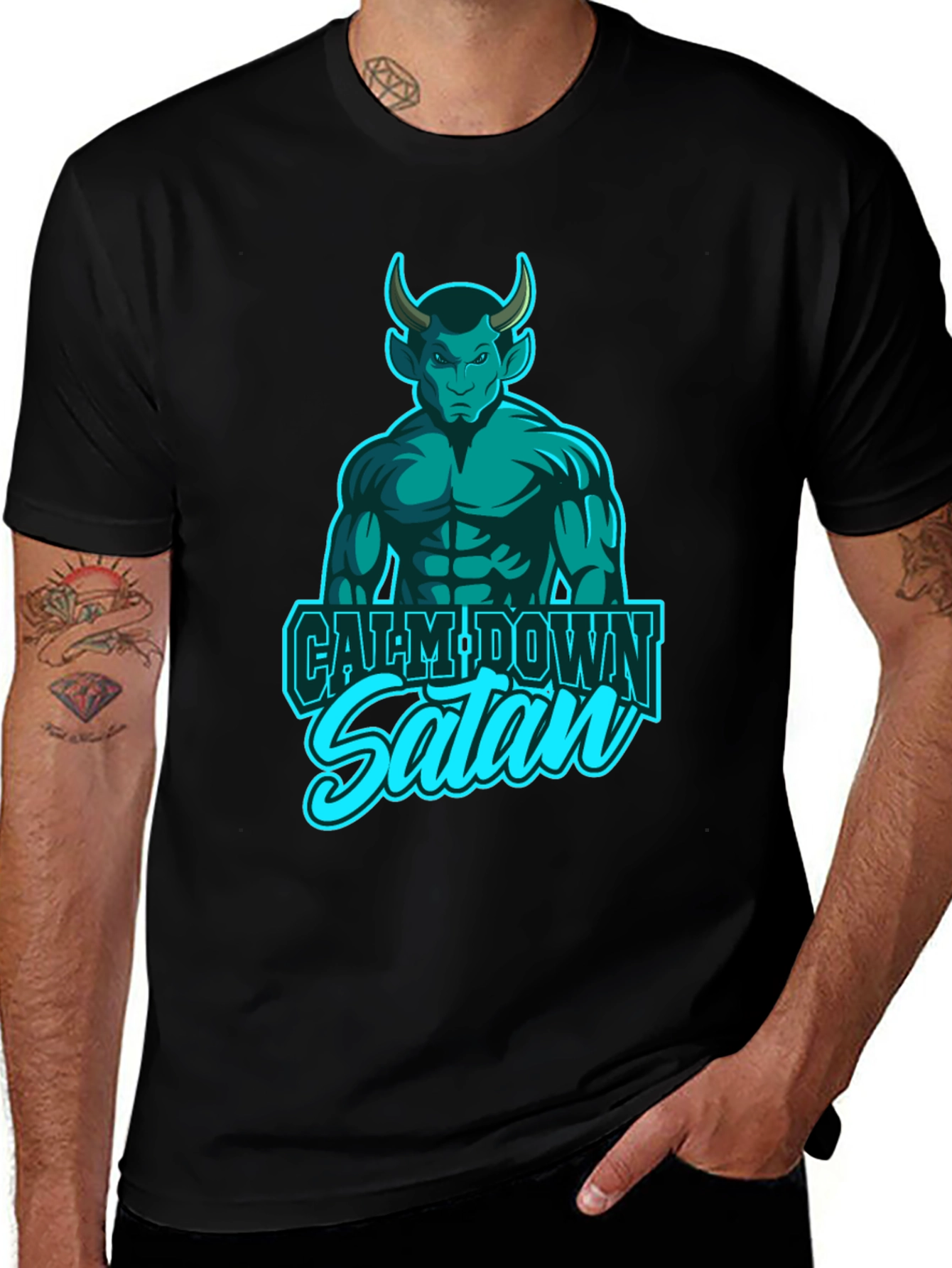 Variant 10 of Calm Down Satan T-Shirt: Funny Graphic Tee for Men