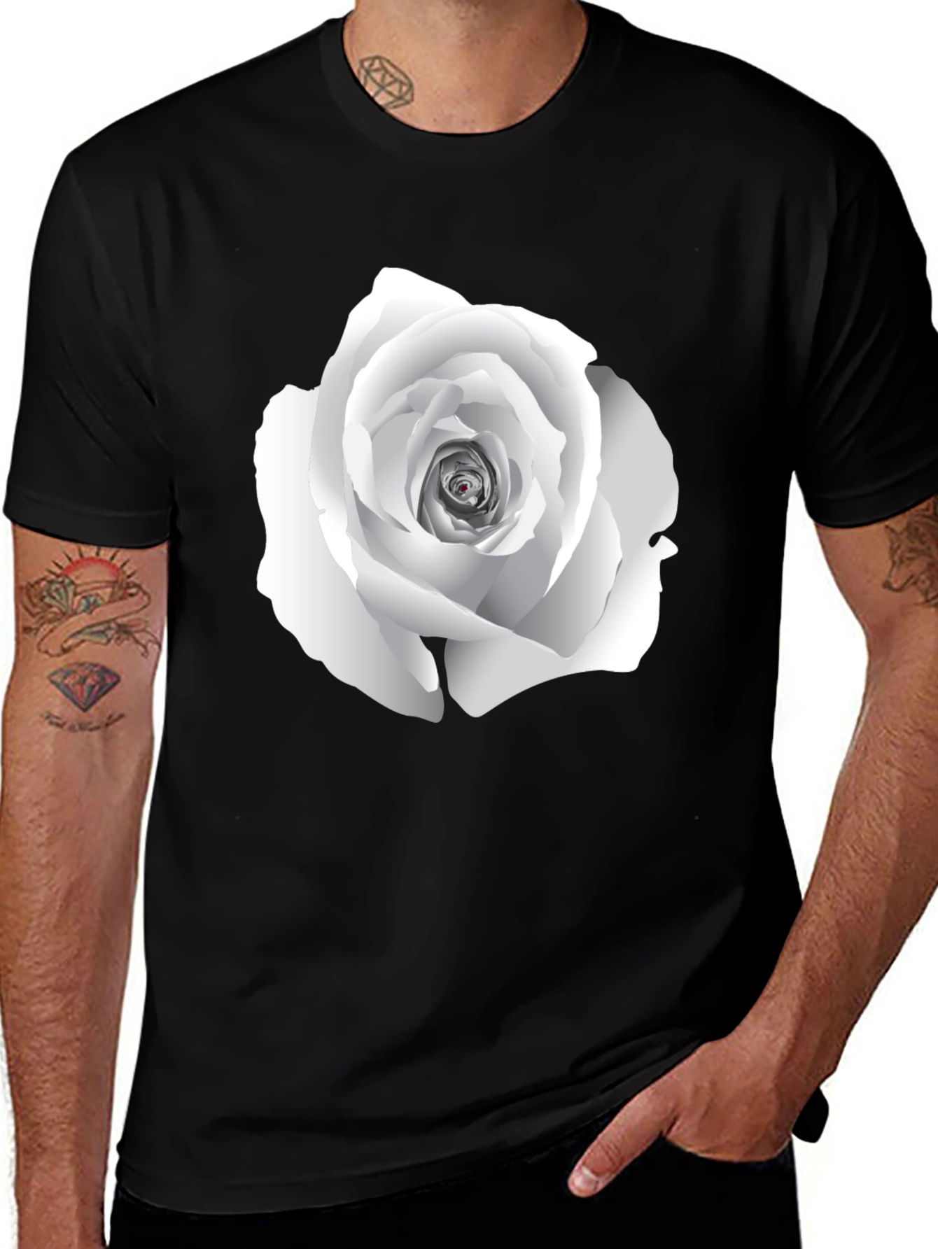 Variant 5 of Elegant White Rose Graphic Tee - Black