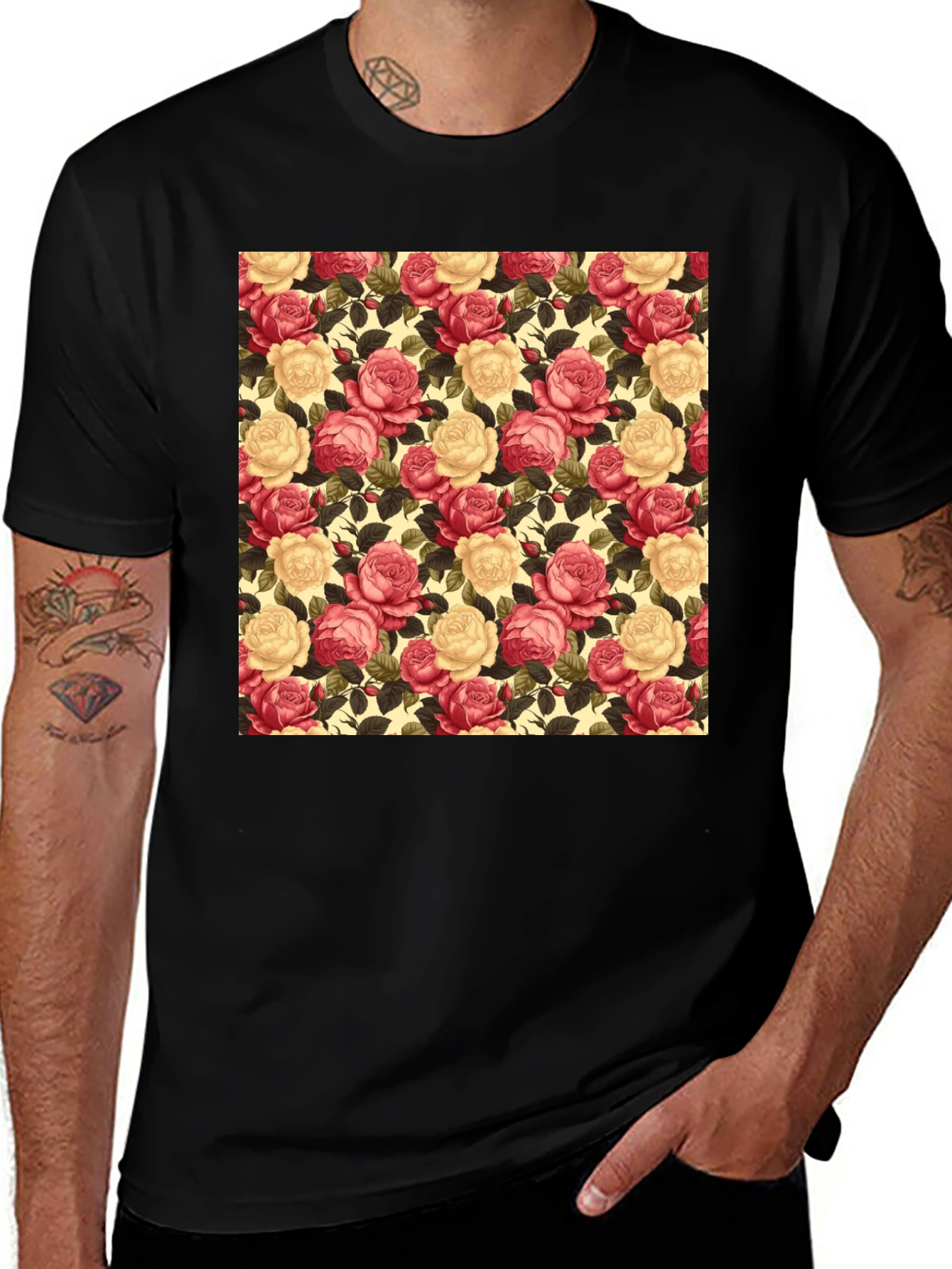 Variant 20 of Floral Rose Print Black T-Shirt