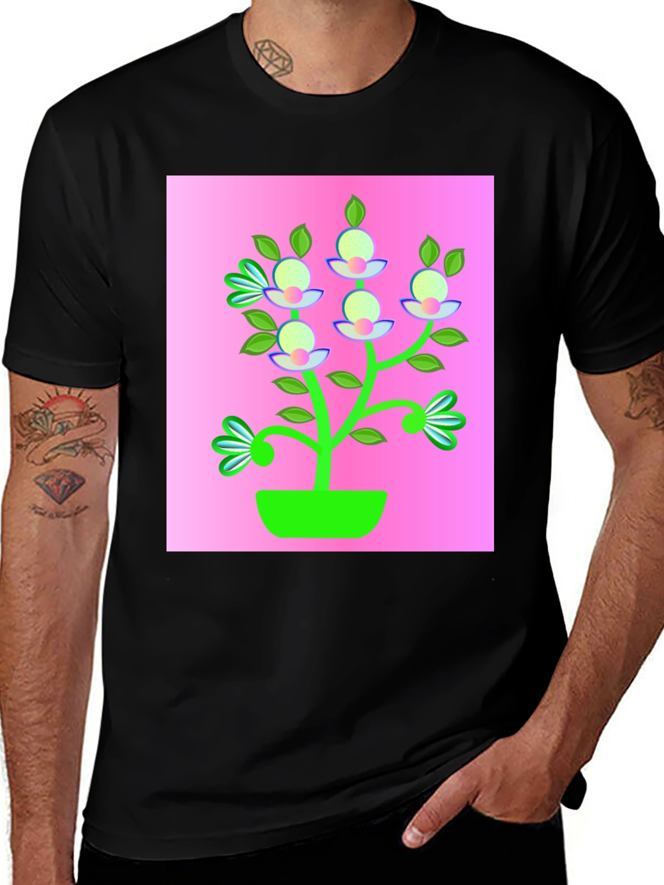 Variant 30 of Floral Pot Graphic Tee - Black Cotton Casual Shirt