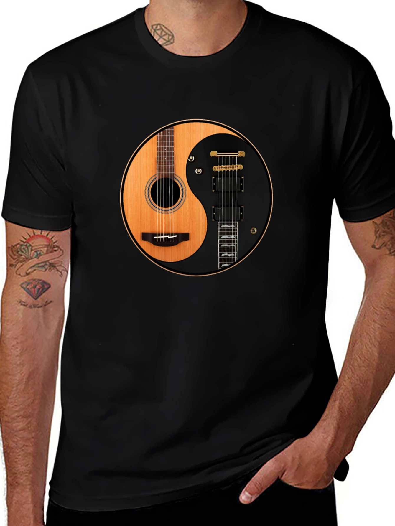 Yin Yang Guitar T-Shirt - Acoustic and Electric Harmony