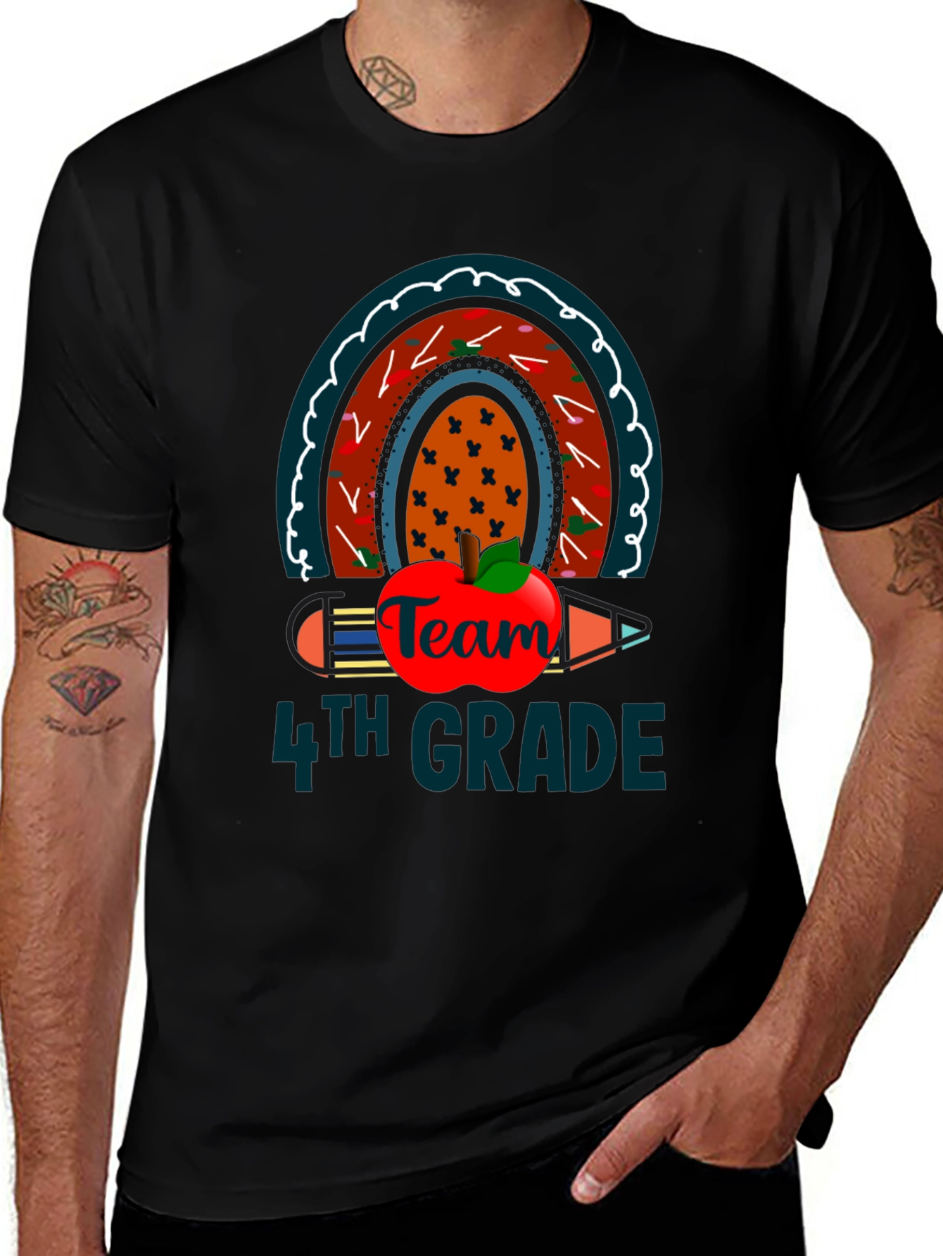 Team 4th Grade Teacher T-Shirt Rainbow Apple Pencil