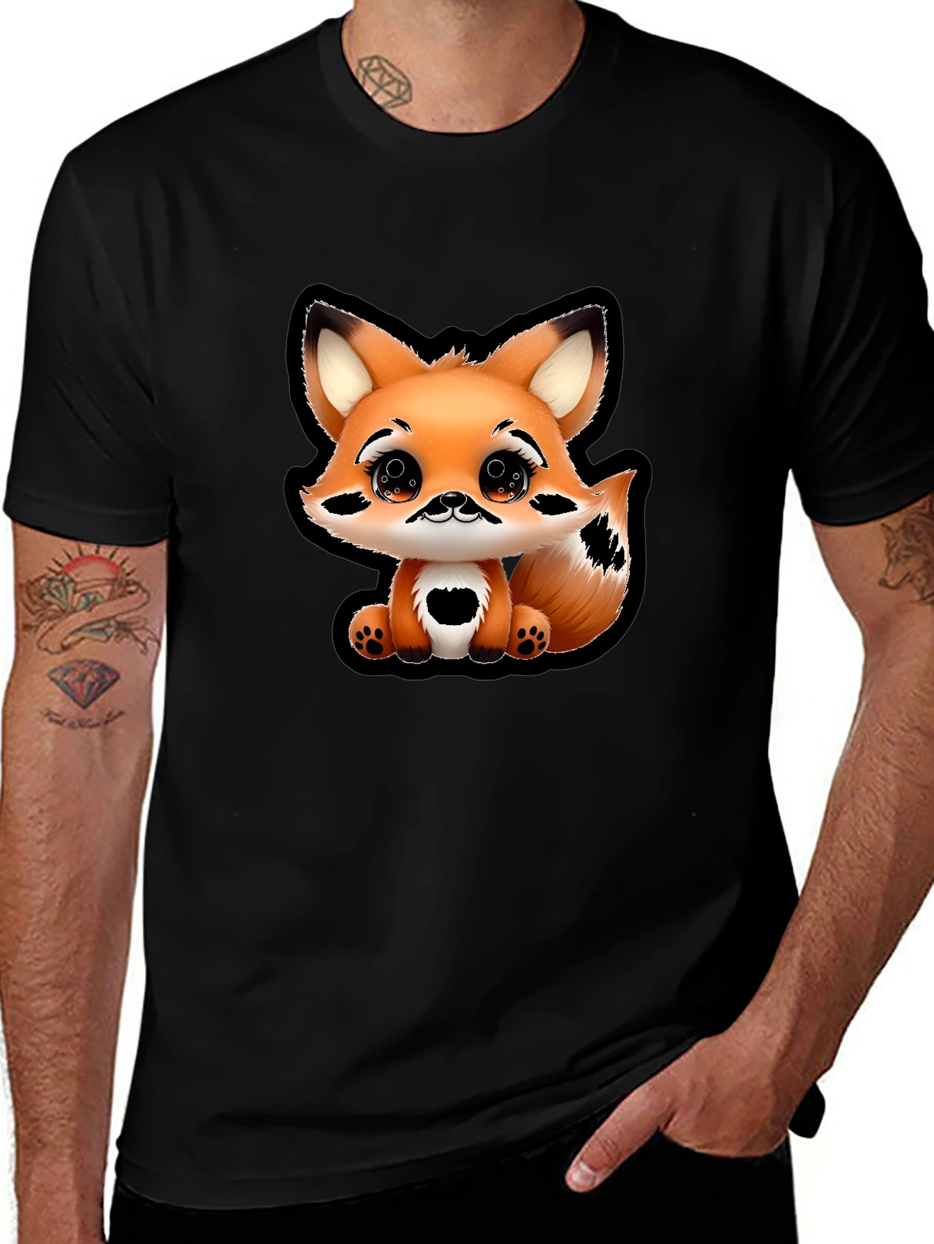 Variant 19 of Cute Cartoon Fox Graphic Tee - Black