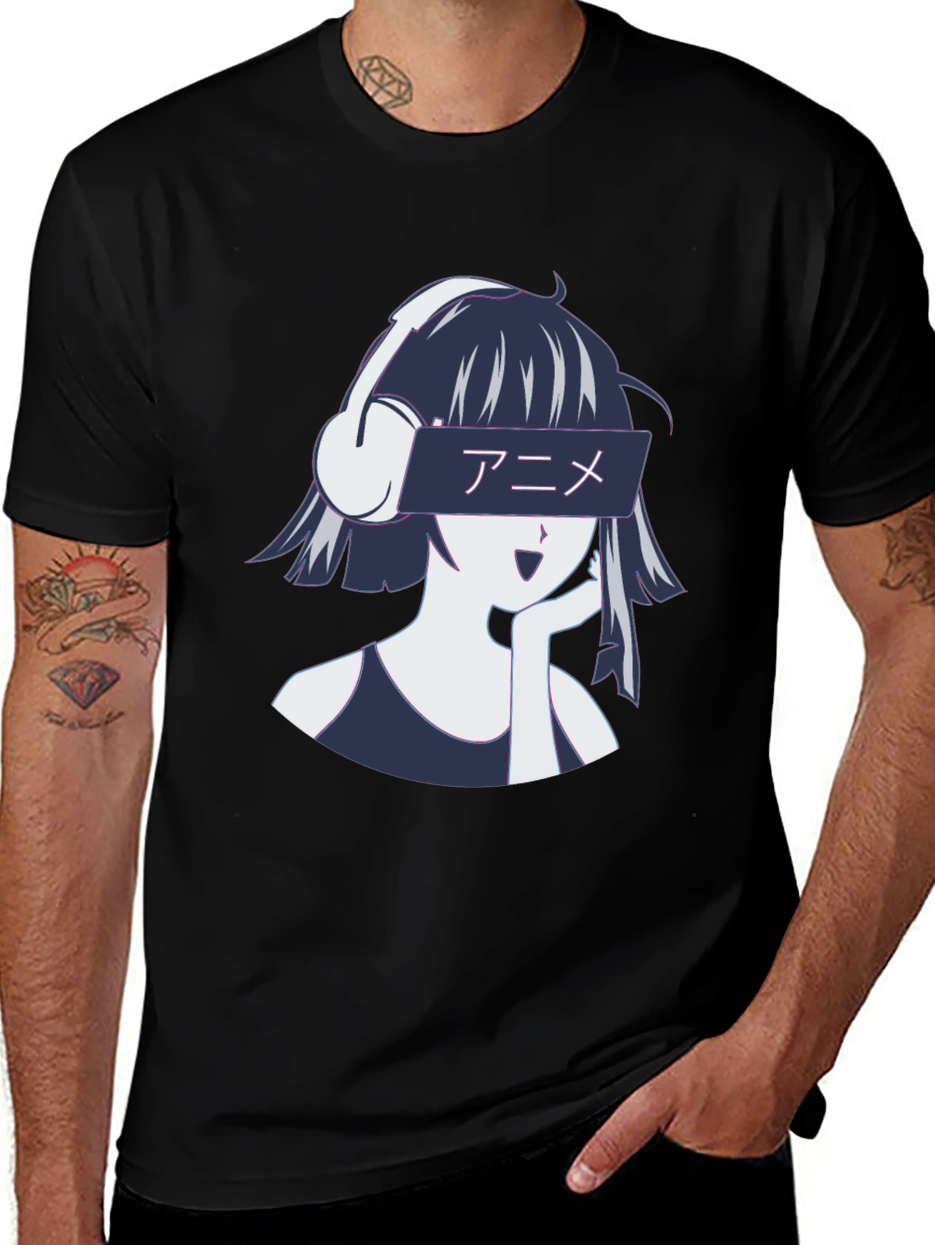Black Anime Girl Headphones Graphic T-Shirt - Stylish Casual Wear main image