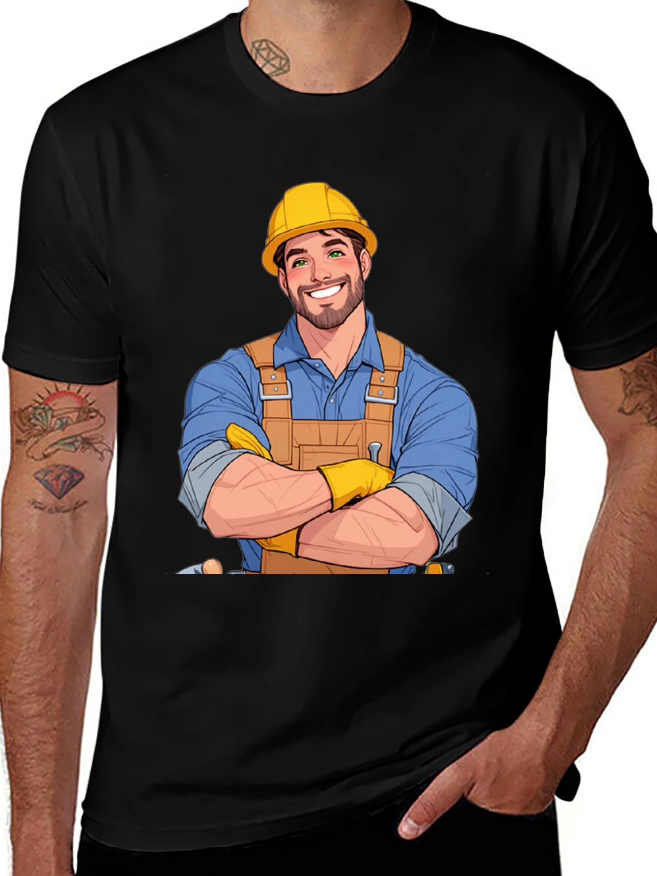 Cartoon Construction Worker Graphic T-Shirt