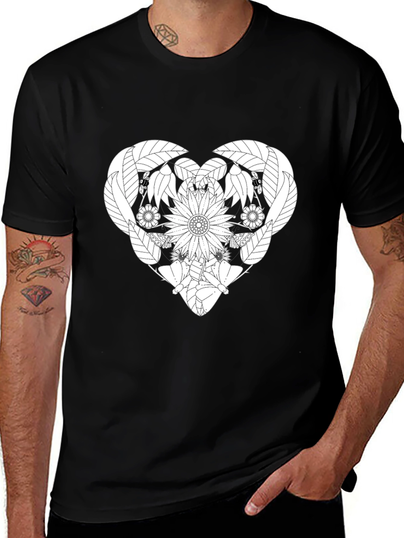 Variant 27 of Floral Heart Graphic Black T-Shirt