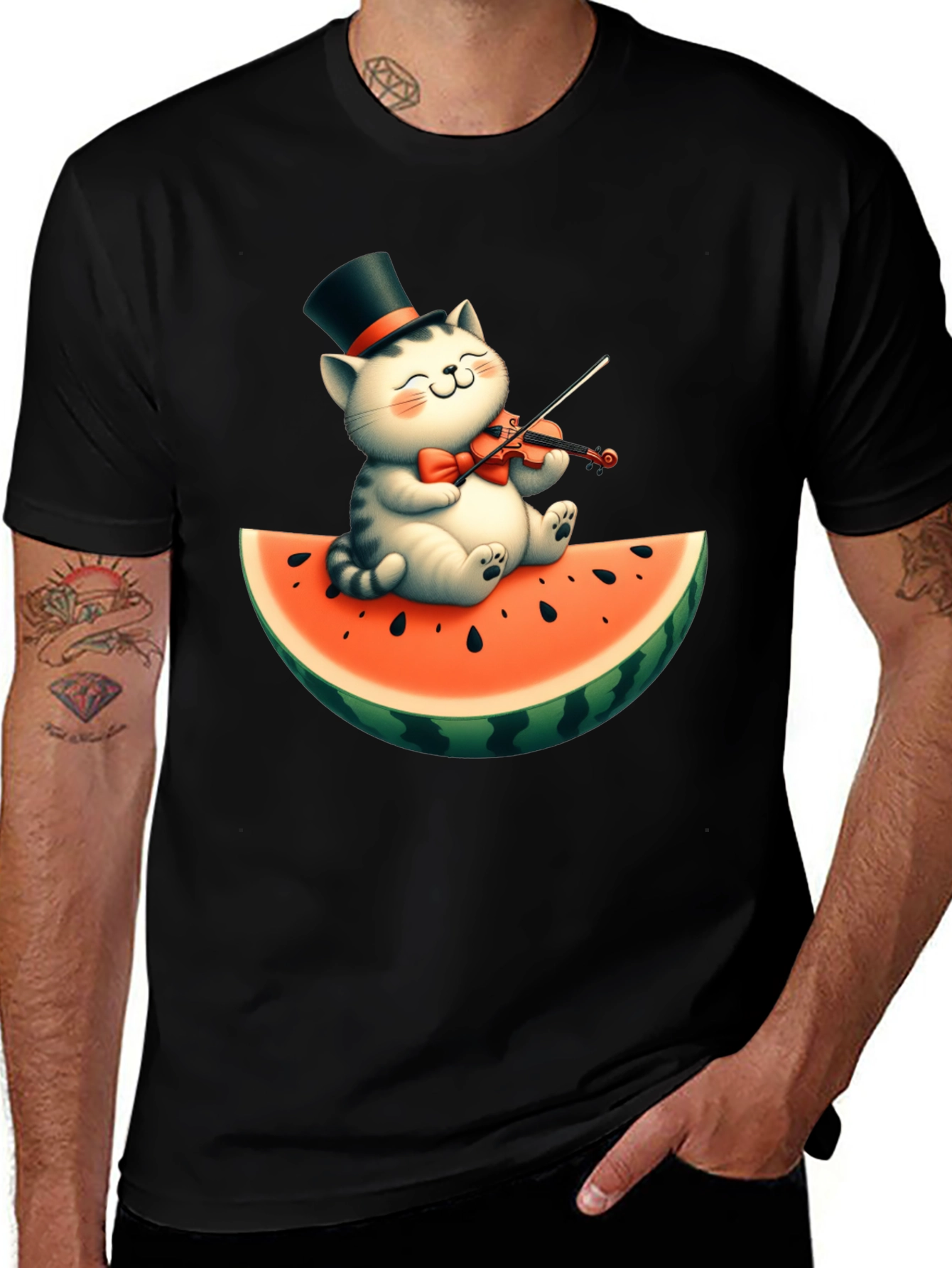 Variant 29 of Cat Playing Violin on Watermelon Graphic Tee