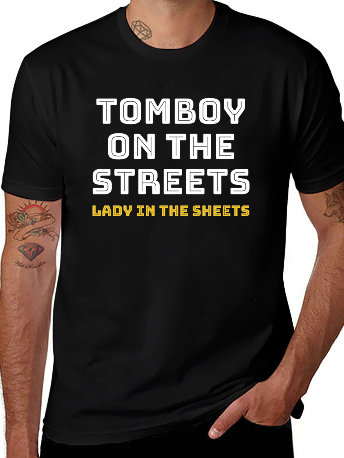 Variant 14 of Tomboy On the Streets, Lady In the Sheets Black T-Shirt