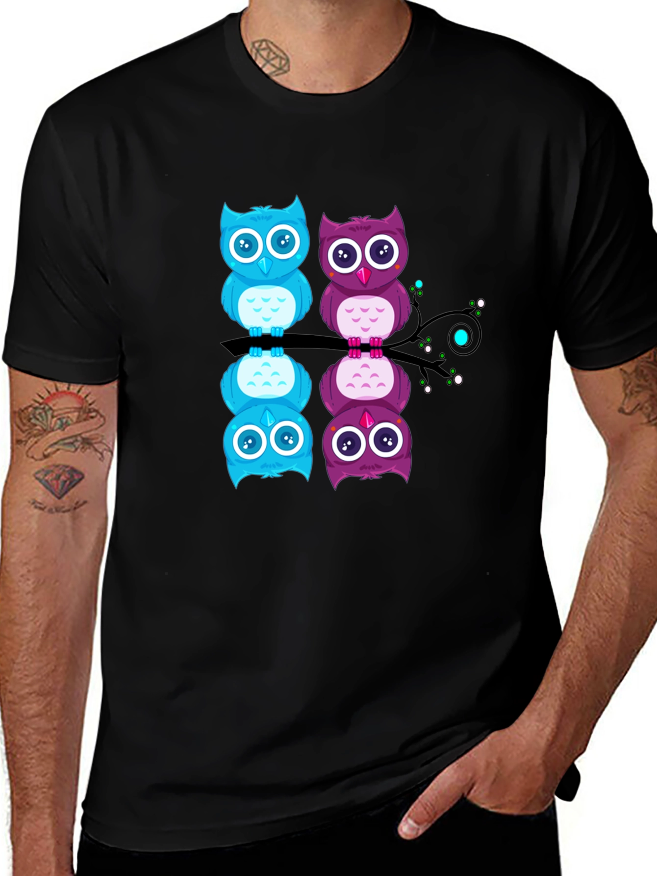 Variant 10 of Stacked Owls Graphic Print Tee - Men's Black T-Shirt
