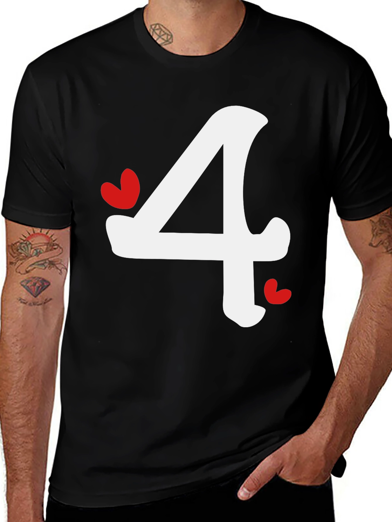 Variant 17 of Black T-Shirt with Number 4 Heart Design