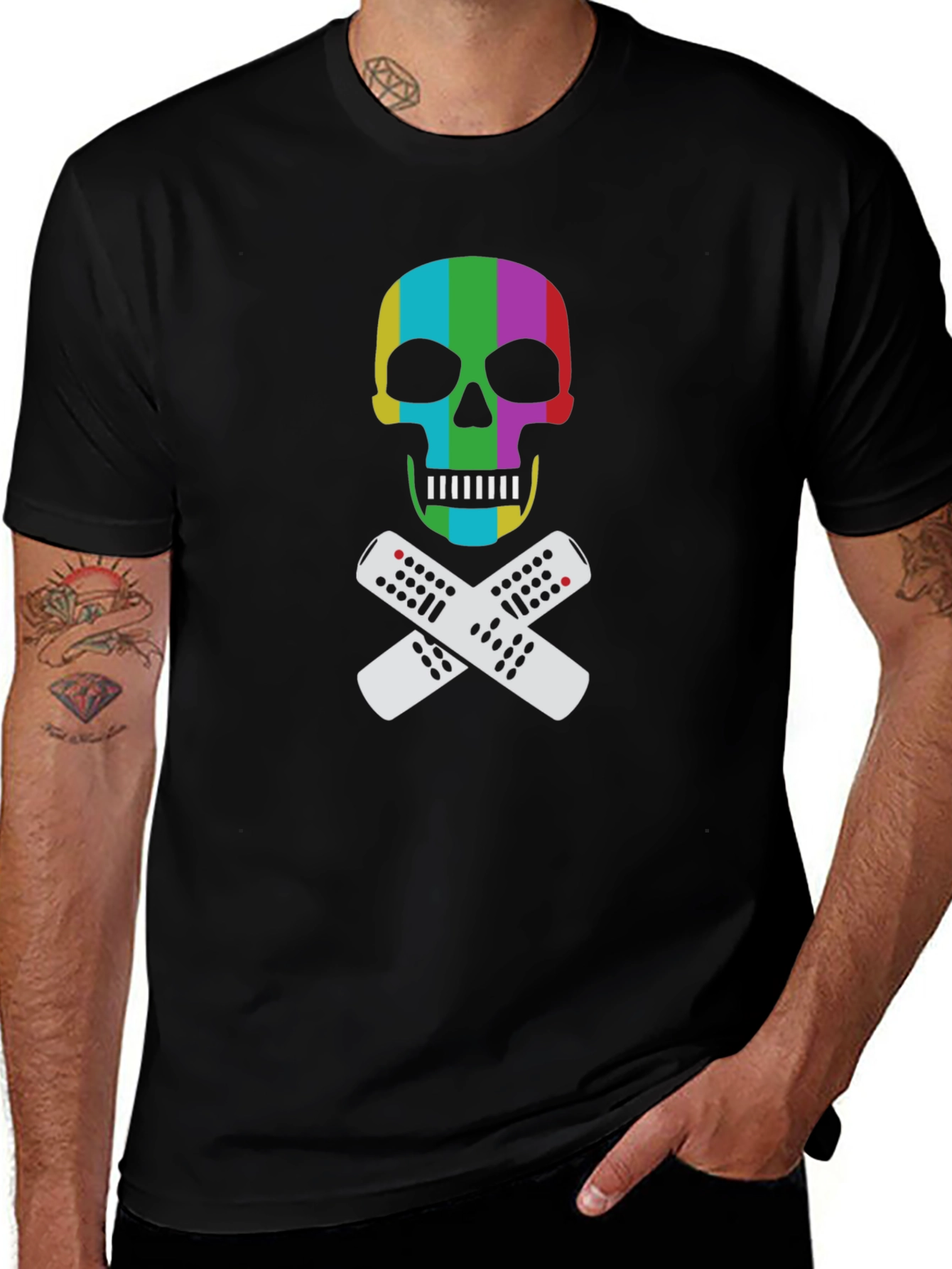 Variant 9 of Rainbow Skull & Remote T-Shirt - Black Tee