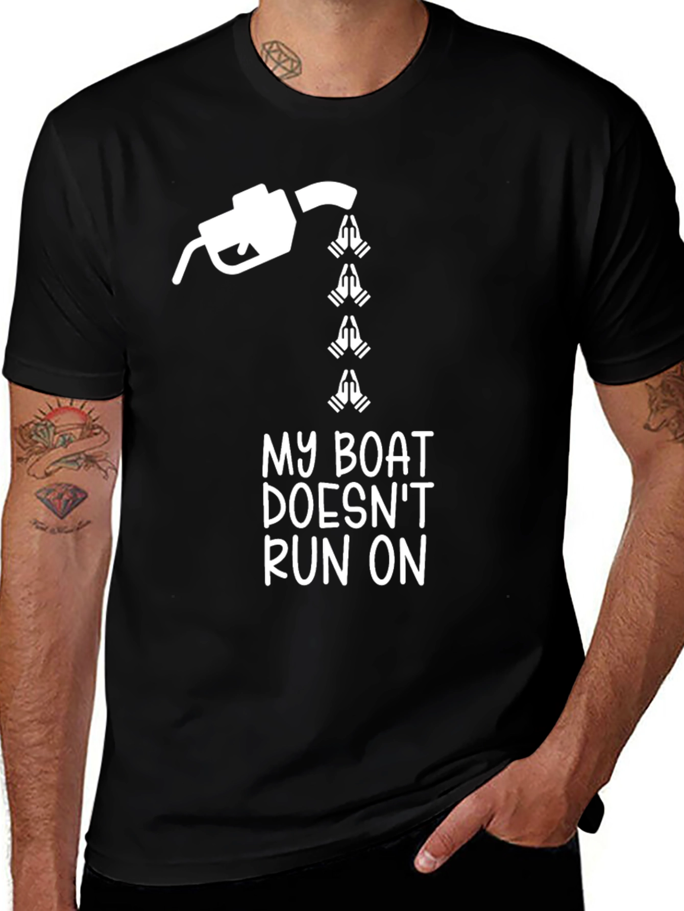 Funny Boating T-Shirt - My Boat Doesn't Run on Prayers