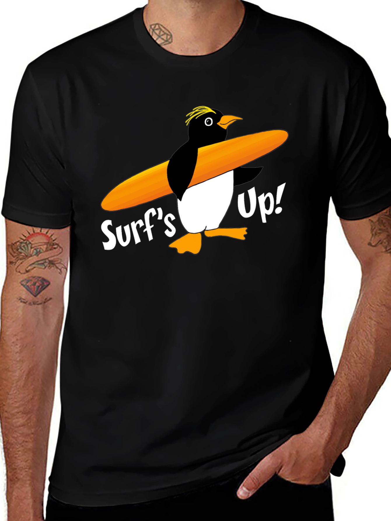 Variant 3 of Surf's Up Penguin Graphic Tee - Black Cotton T-Shirt
