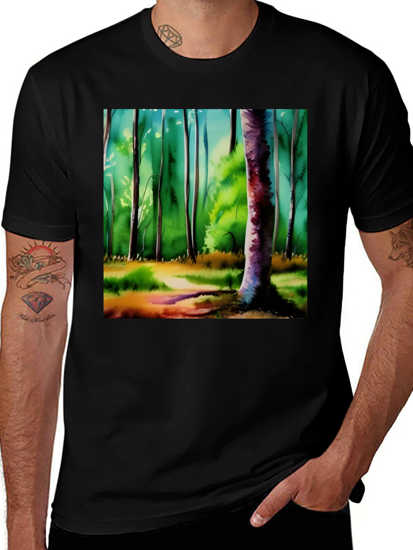 Variant 28 of Watercolor Forest Black T-Shirt
