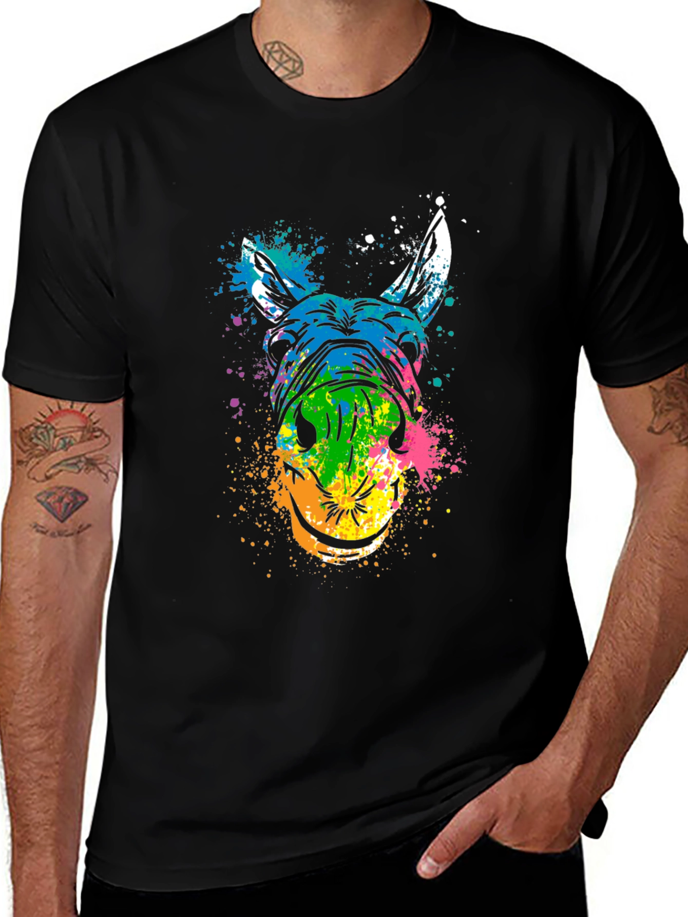 Variant 14 of Colorful Donkey Head Graphic Print Black T-Shirt