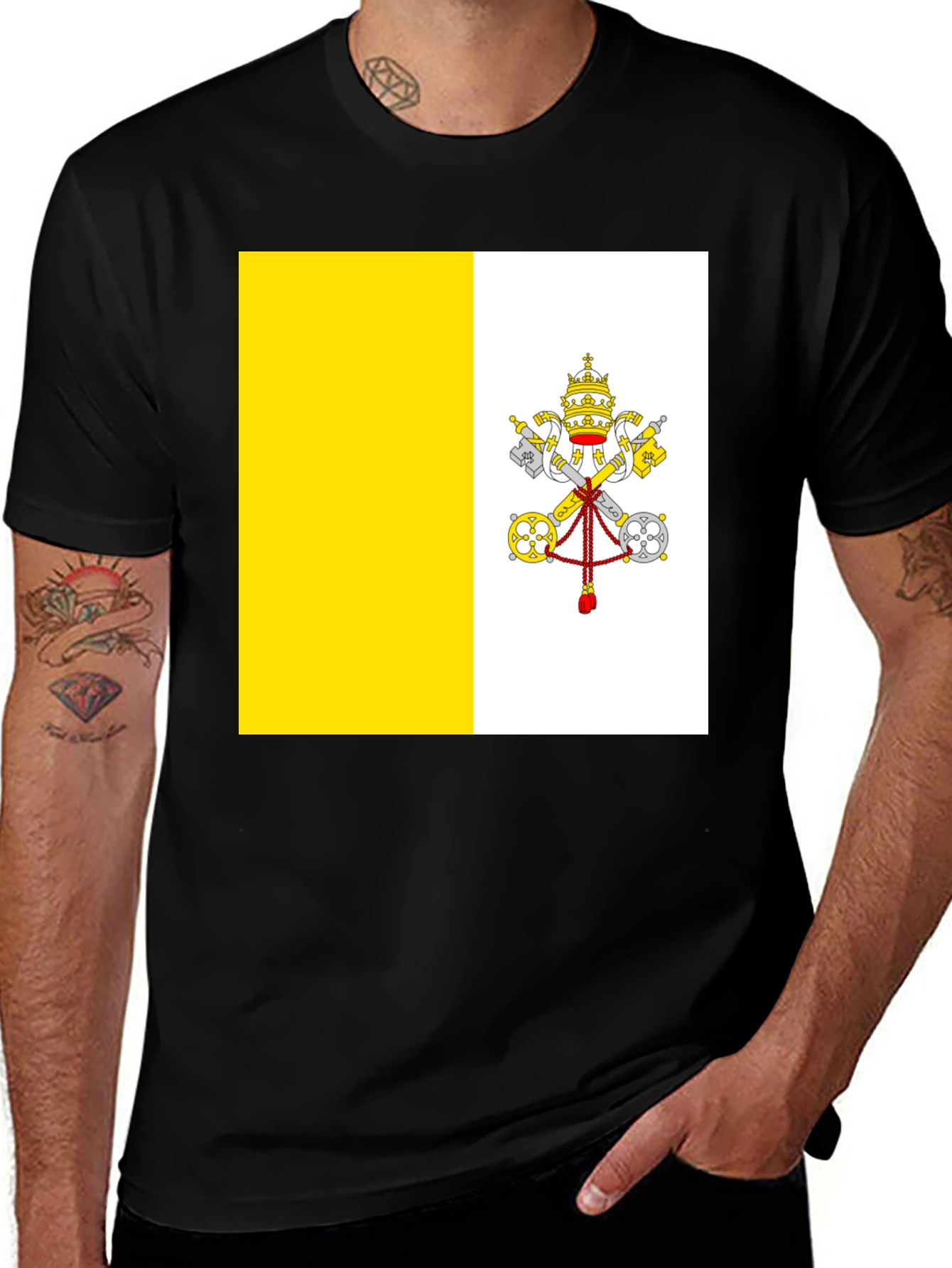 Vatican City Flag Graphic Tee - Black Cotton Blend Shirt