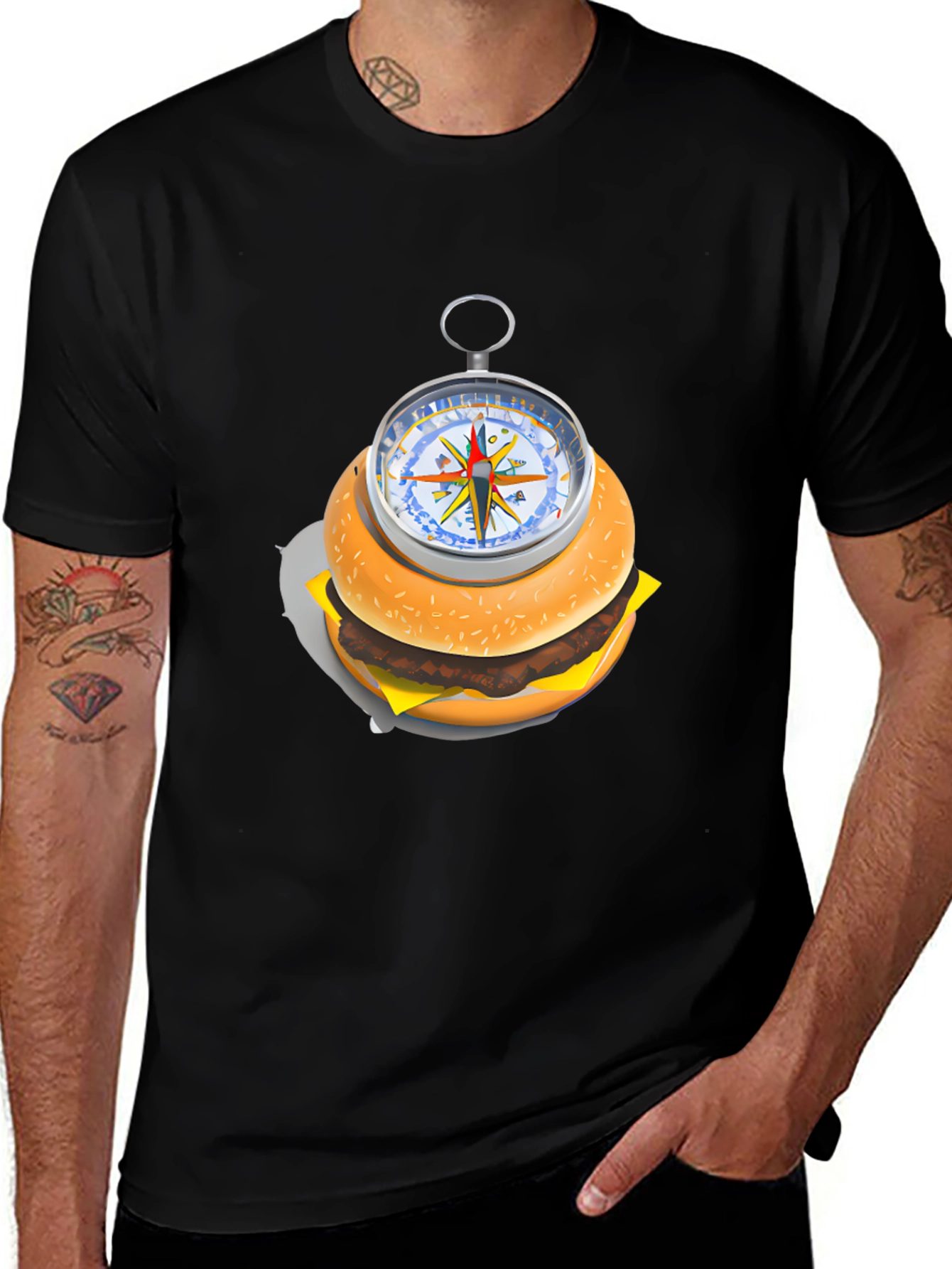 Variant 4 of Burger Compass Graphic Tee - Novelty Foodie T-Shirt