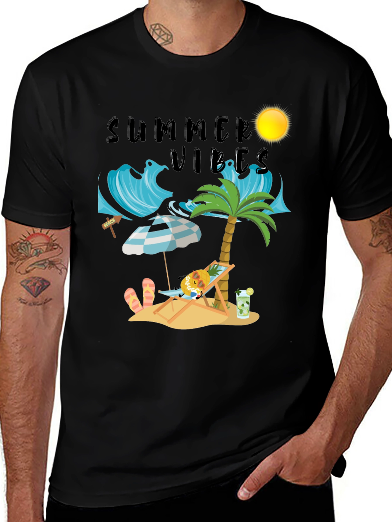 Variant 3 of Summer Vibes Black T-Shirt with Beach Design