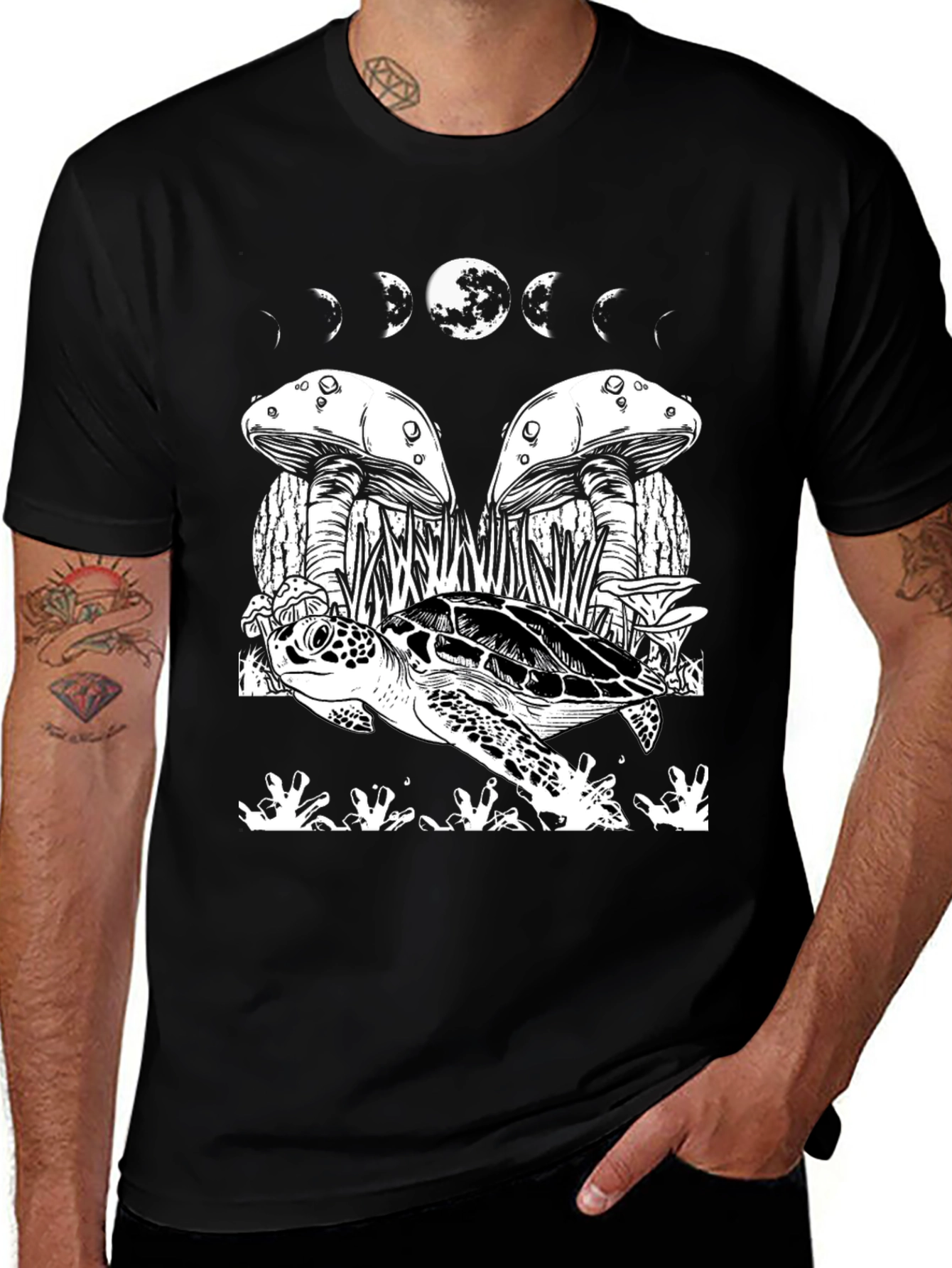 Variant 4 of Mystic Turtle Graphic Tee - Moon Phases & Mushroom Design