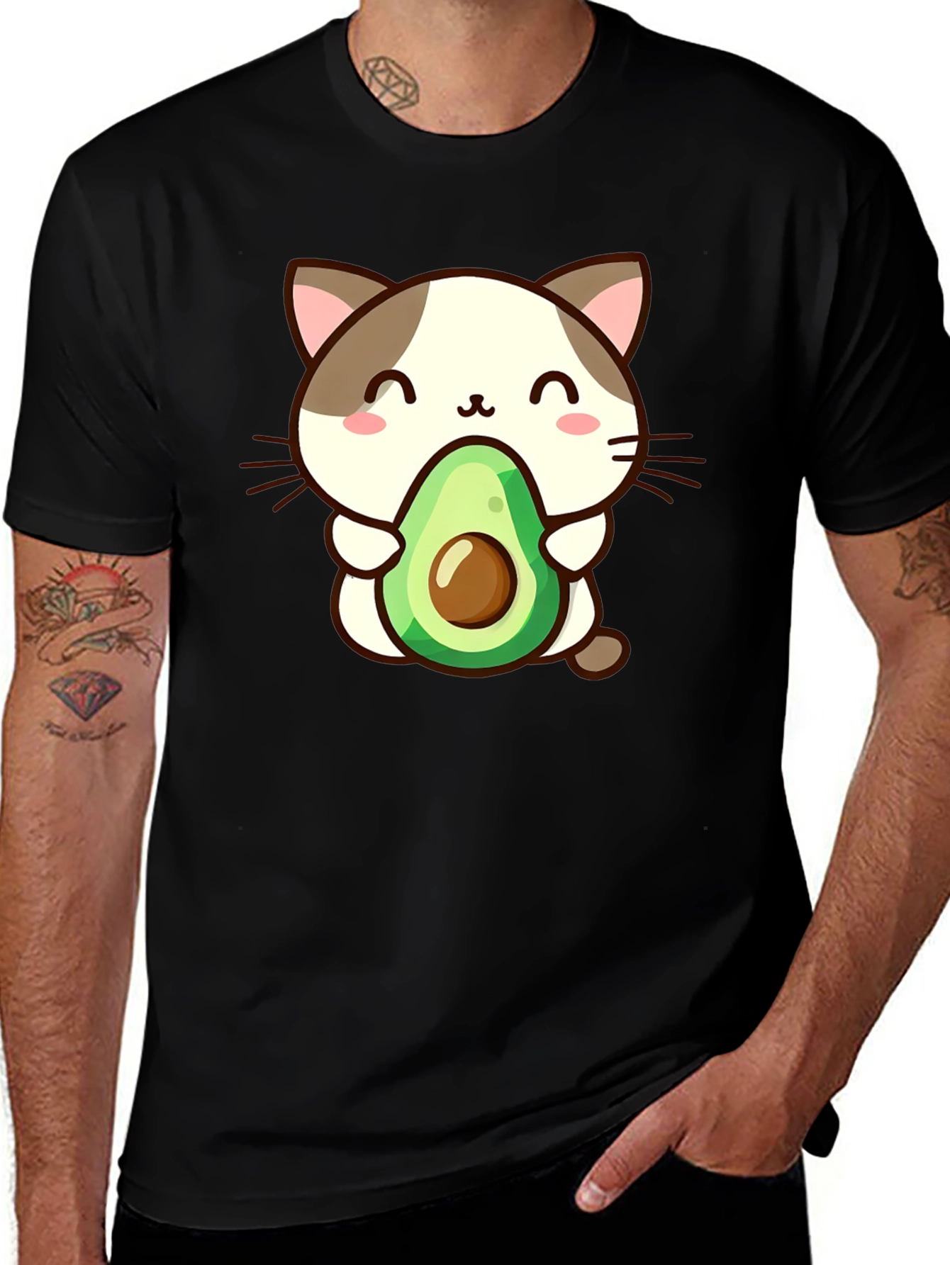 Variant 26 of Cute Cat Holding Avocado Graphic Tee - Black