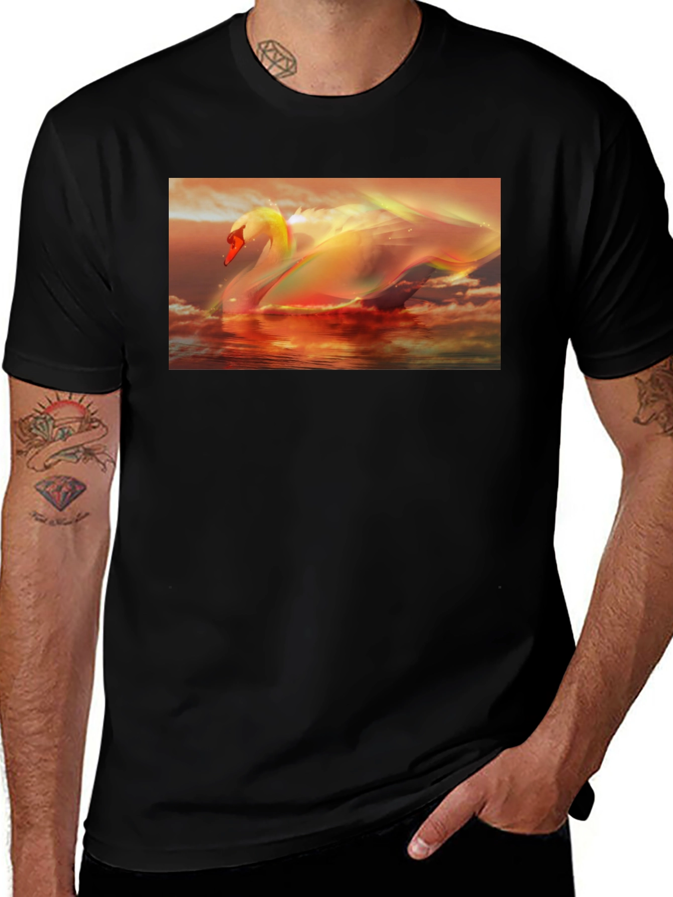 Swan Sunset Graphic Tee - Black Cotton T-Shirt