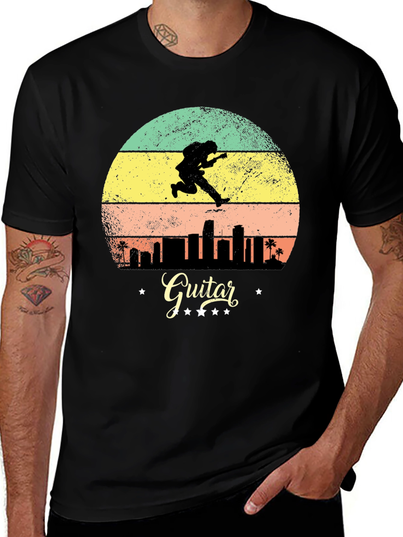 Variant 7 of Retro Guitarist Cityscape Graphic Tee
