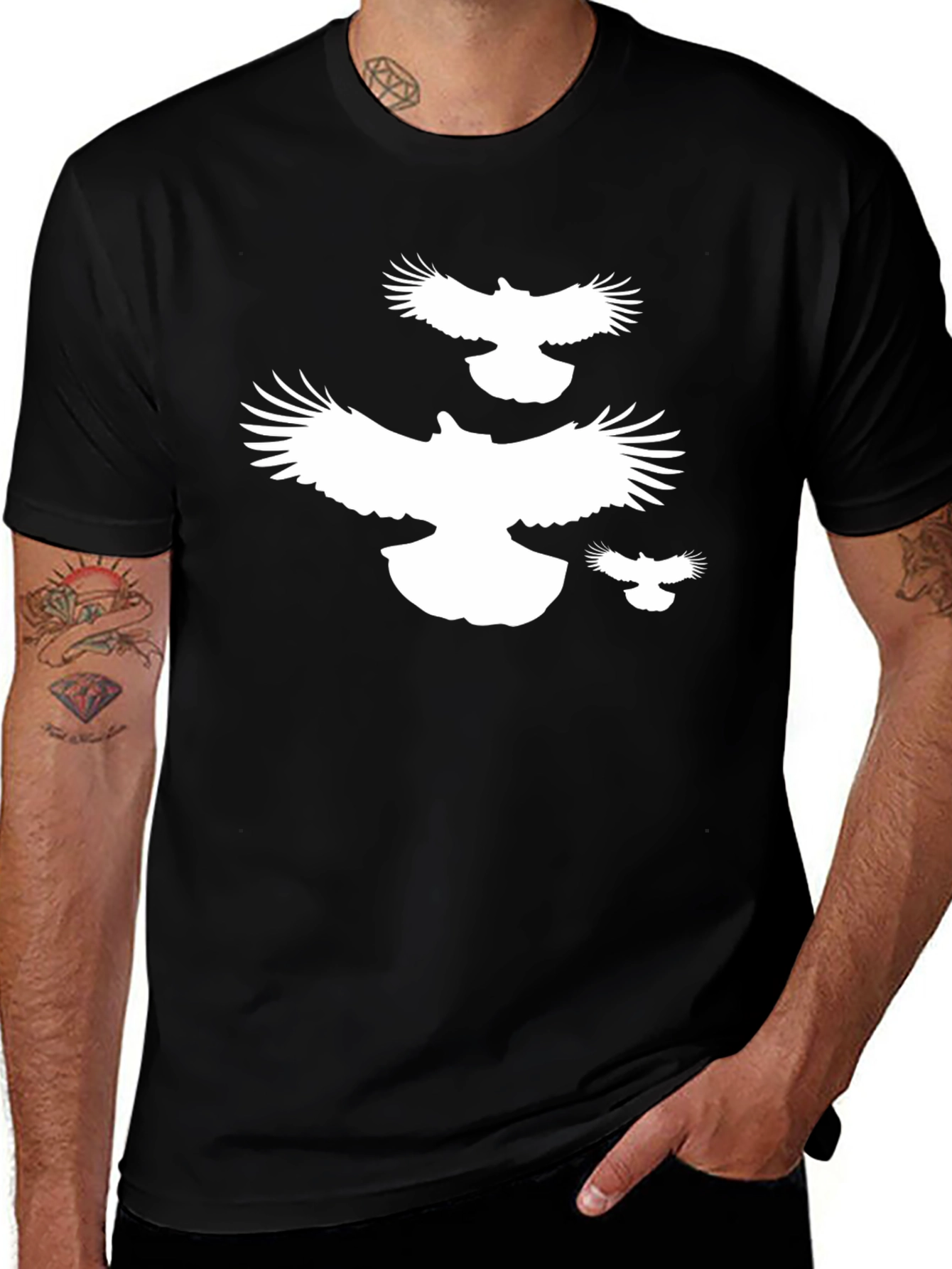 Variant 7 of Black T-Shirt with White Flying Birds Design