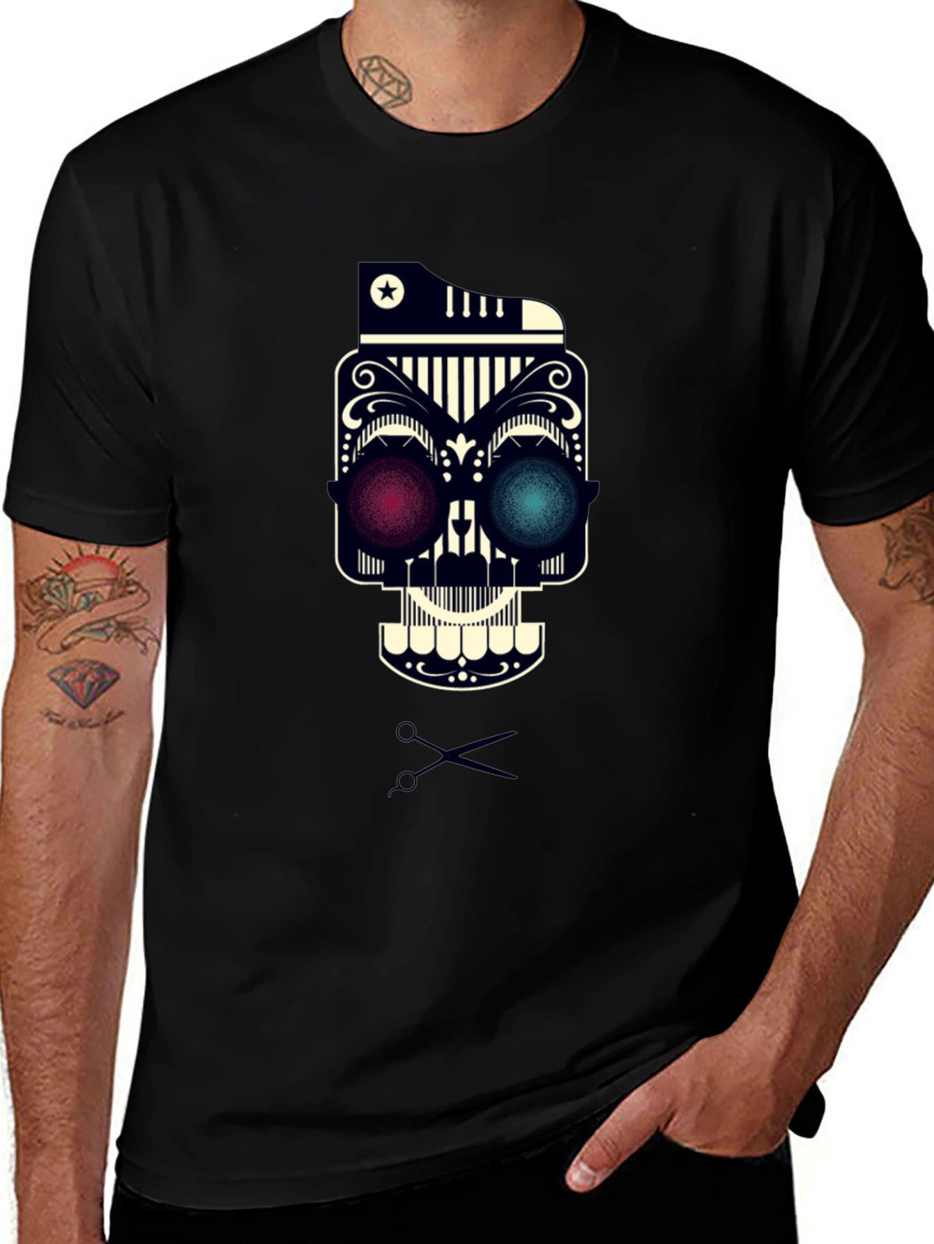 Stylish Skull & Scissors Graphic Tee - Modern Barber Design