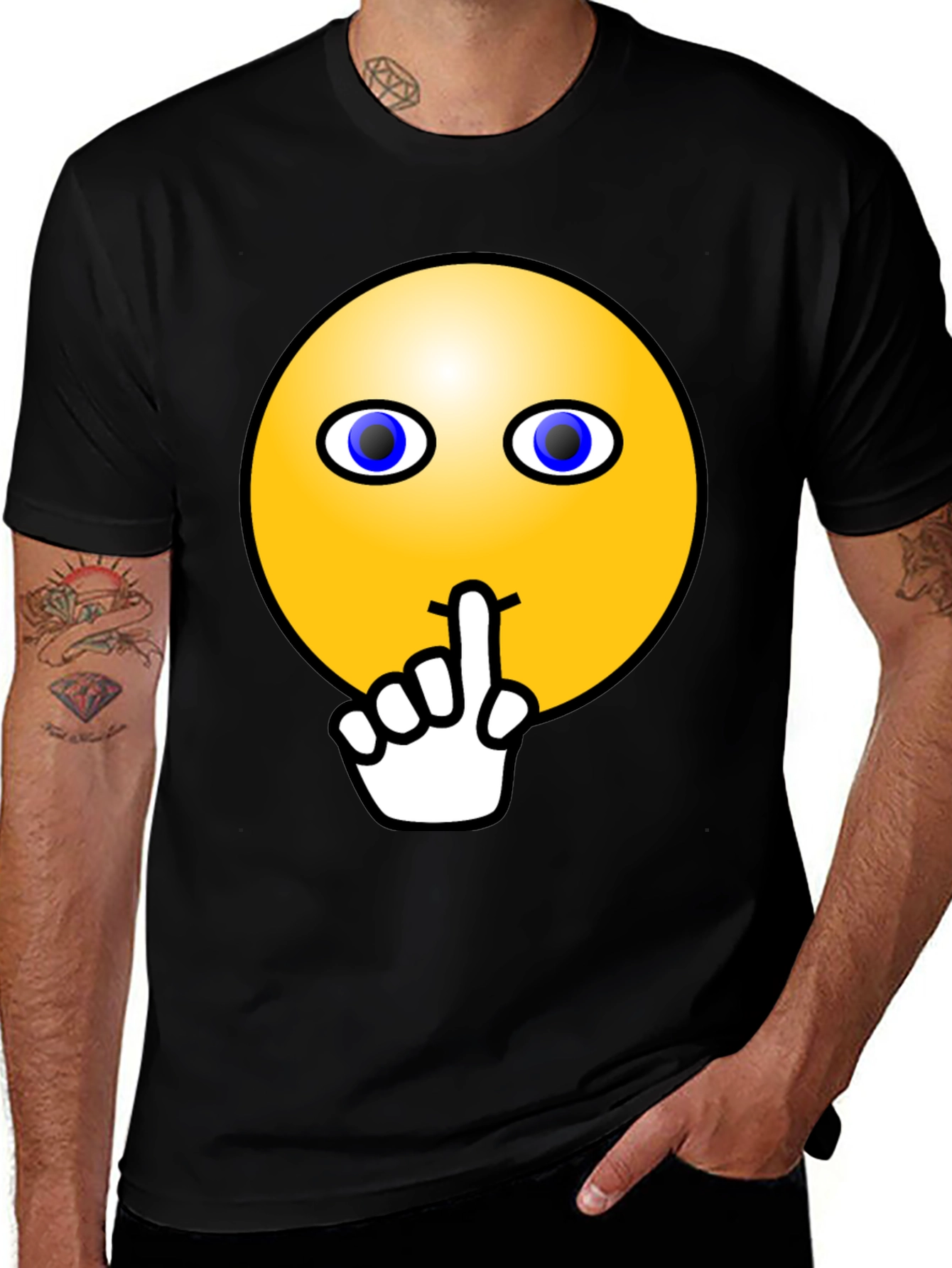 Variant 21 of Shhh! Smiley Face Graphic Tee - Black Cotton T-Shirt