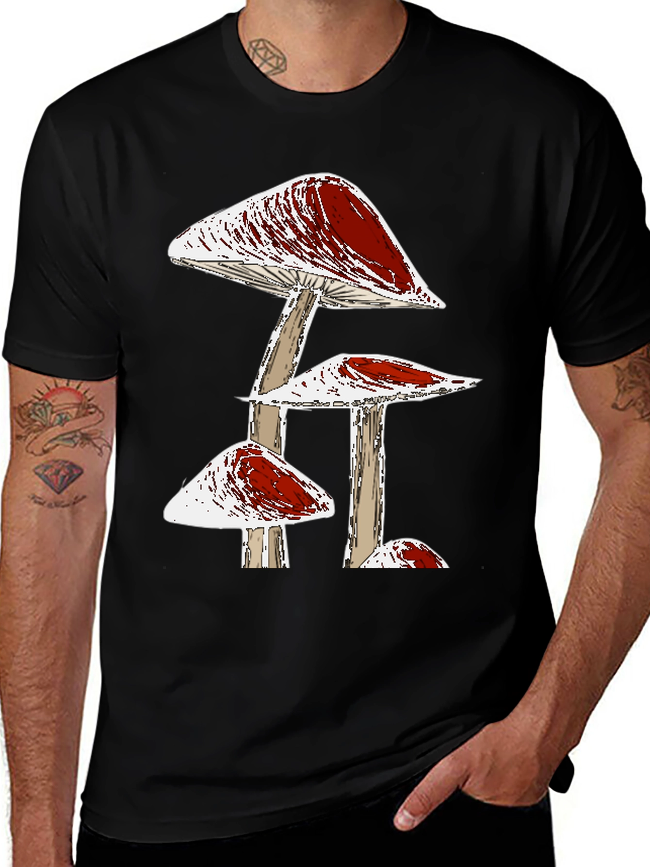 Variant 15 of Funky Mushroom Graphic Tee - Black Cotton T-Shirt