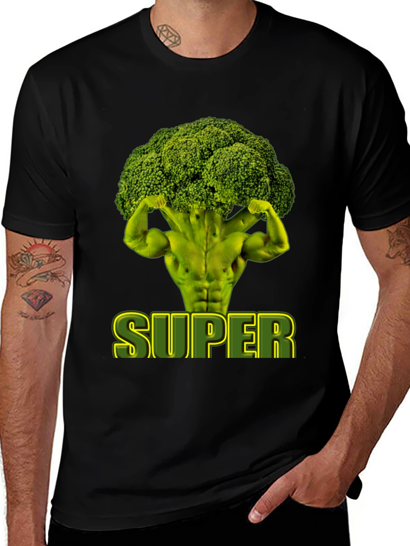 Variant 18 of Super Broccoli Man T-Shirt - Black Cotton Tee