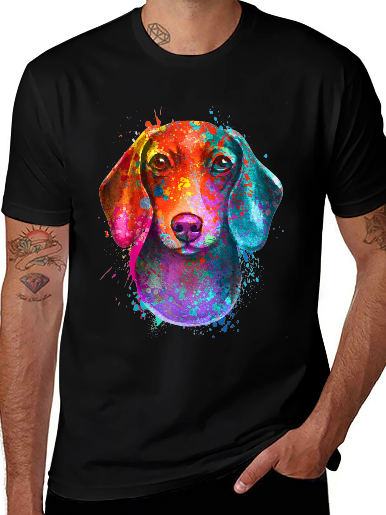 Variant 18 of Watercolor Dachshund Print Black T-Shirt