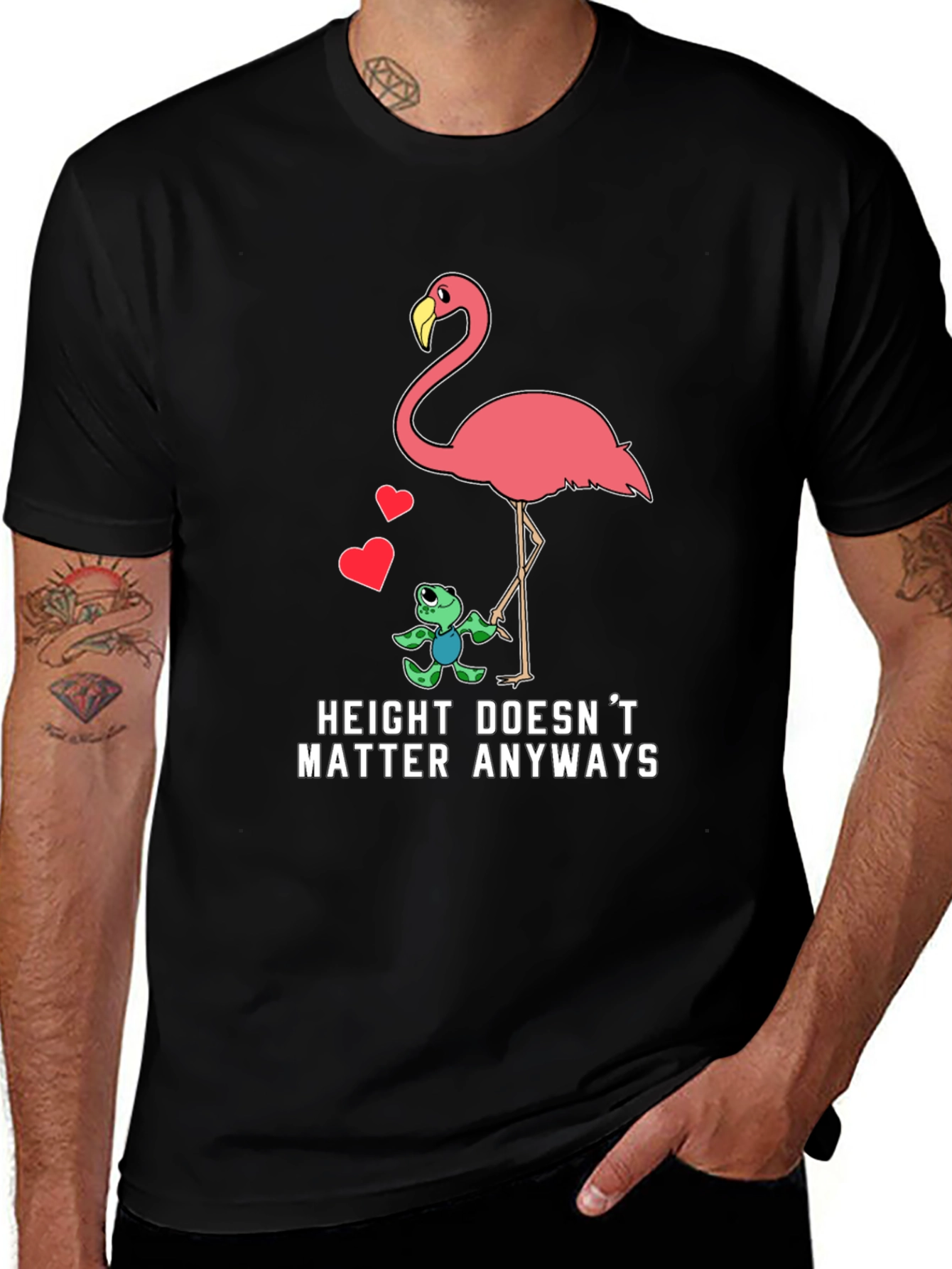 Variant 5 of Funny Flamingo Turtle Graphic Tee: Height Doesn't Matter