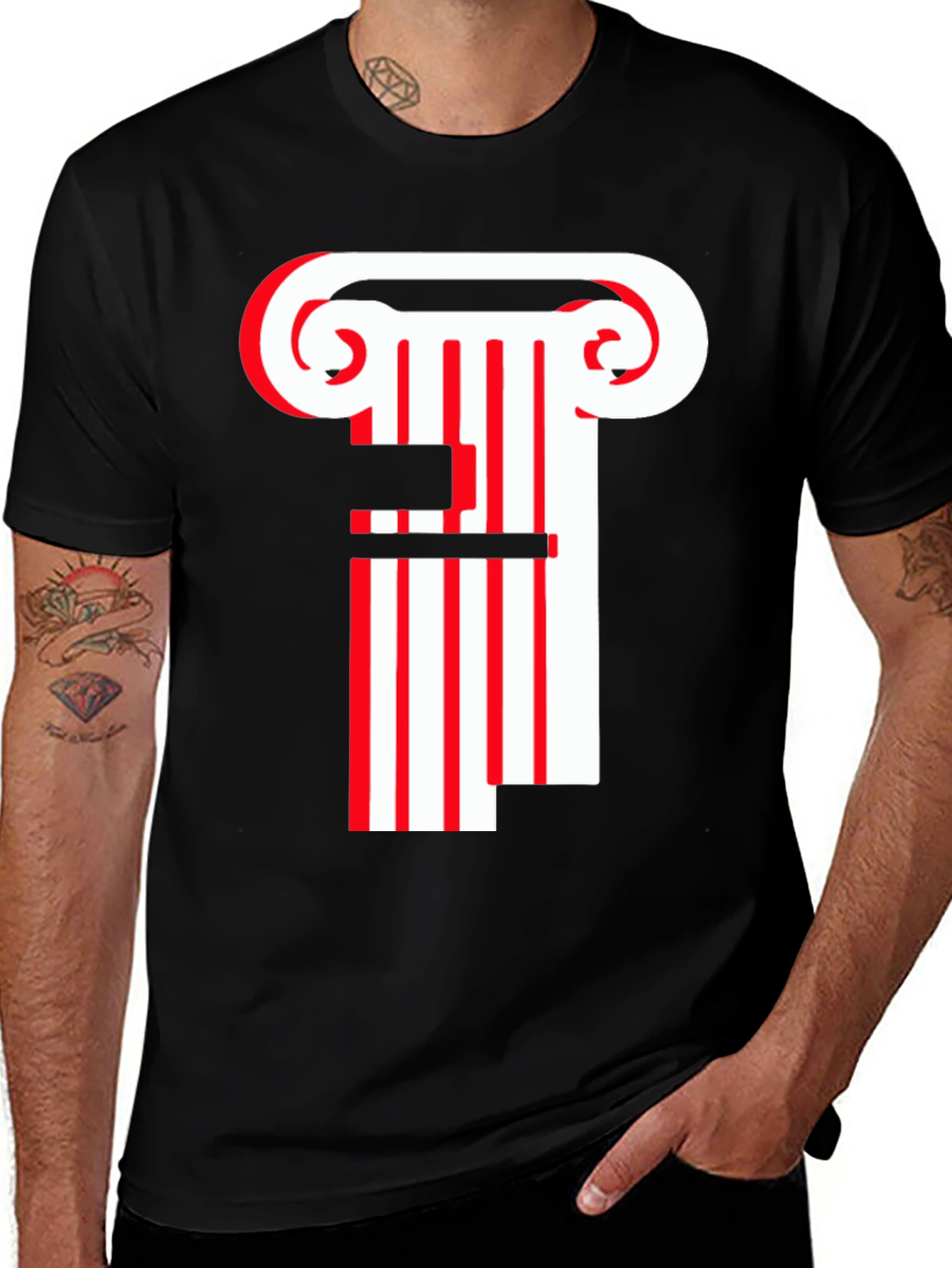 Striped Column Graphic T-Shirt - Black