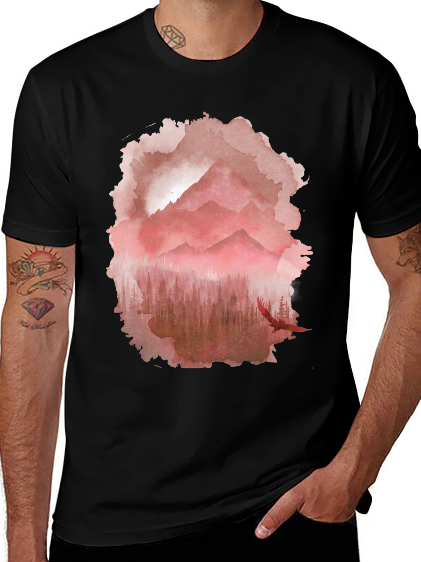 Variant 18 of Watercolor Mountain Scene Black T-Shirt