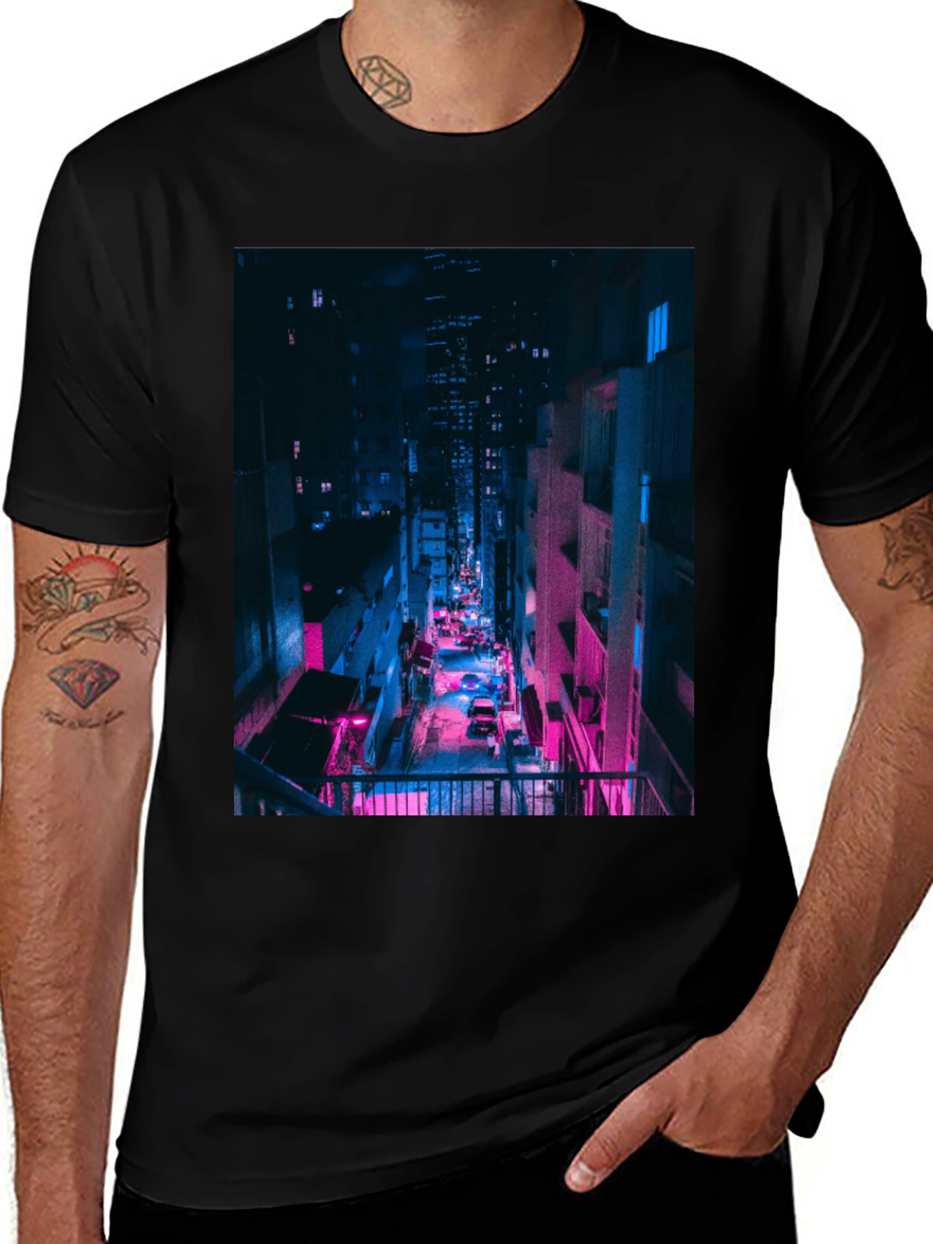 Black Cyberpunk Cityscape Black T-Shirt main image