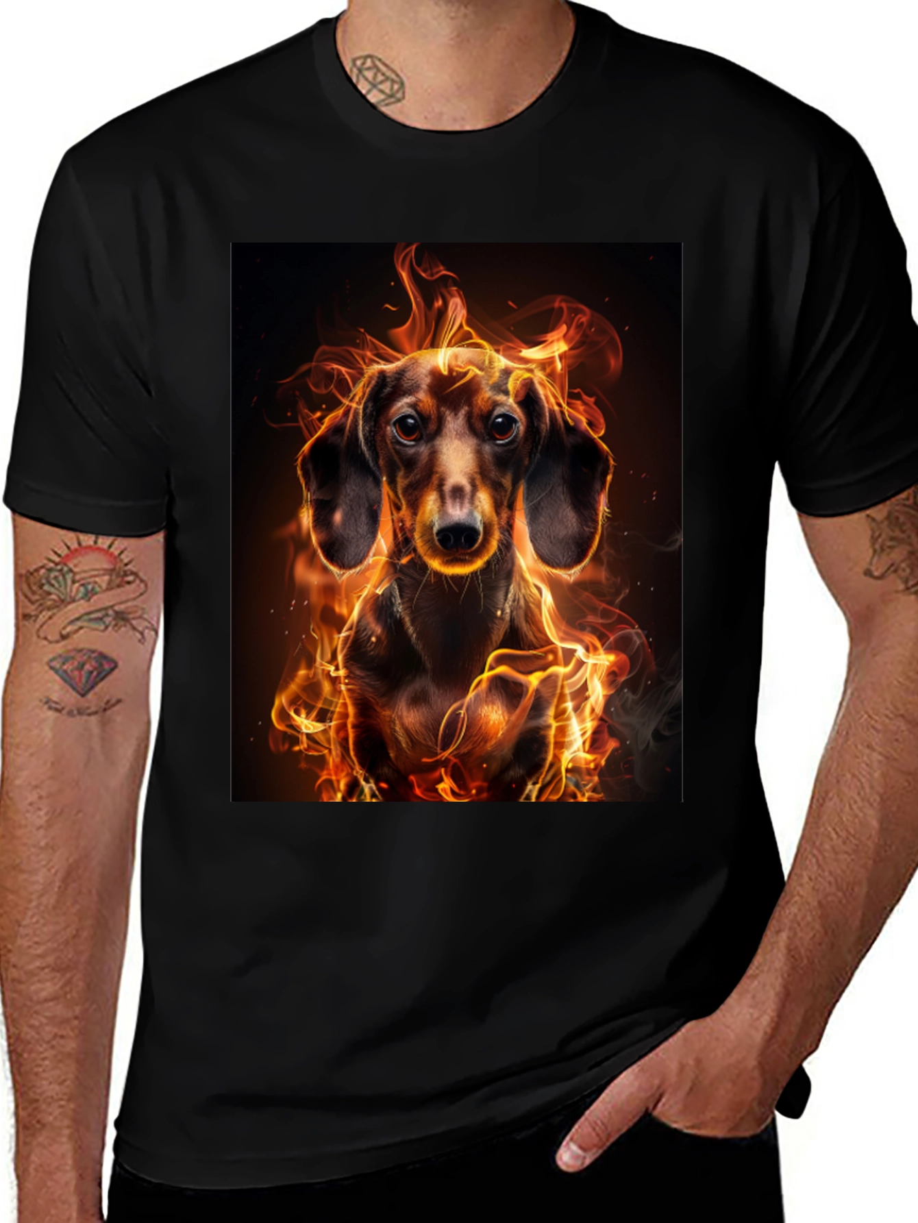 Variant 4 of Fiery Dachshund Graphic Tee - Black Cotton Blend