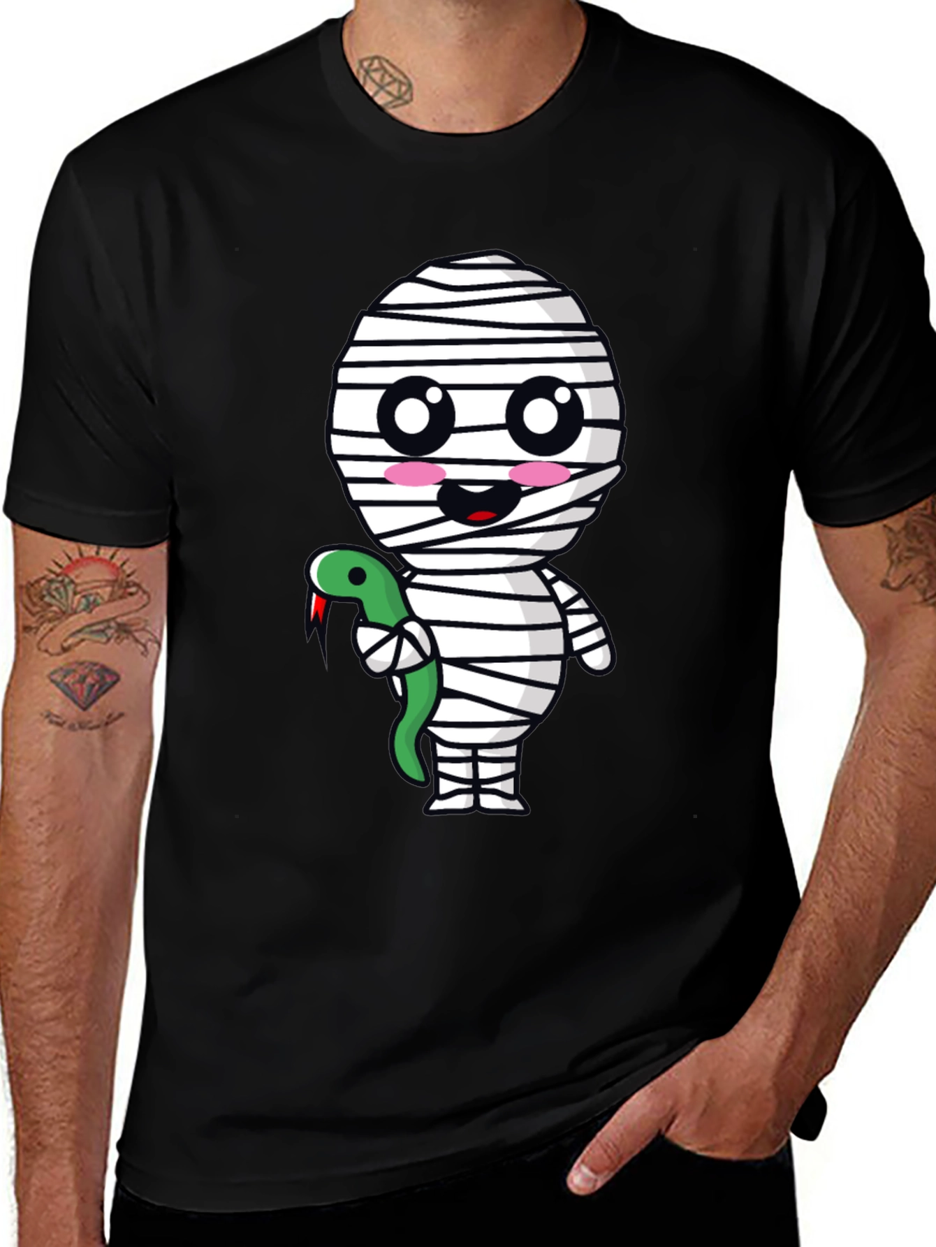 Cute Mummy with Snake Graphic Tee - Halloween Spooky T-Shirt