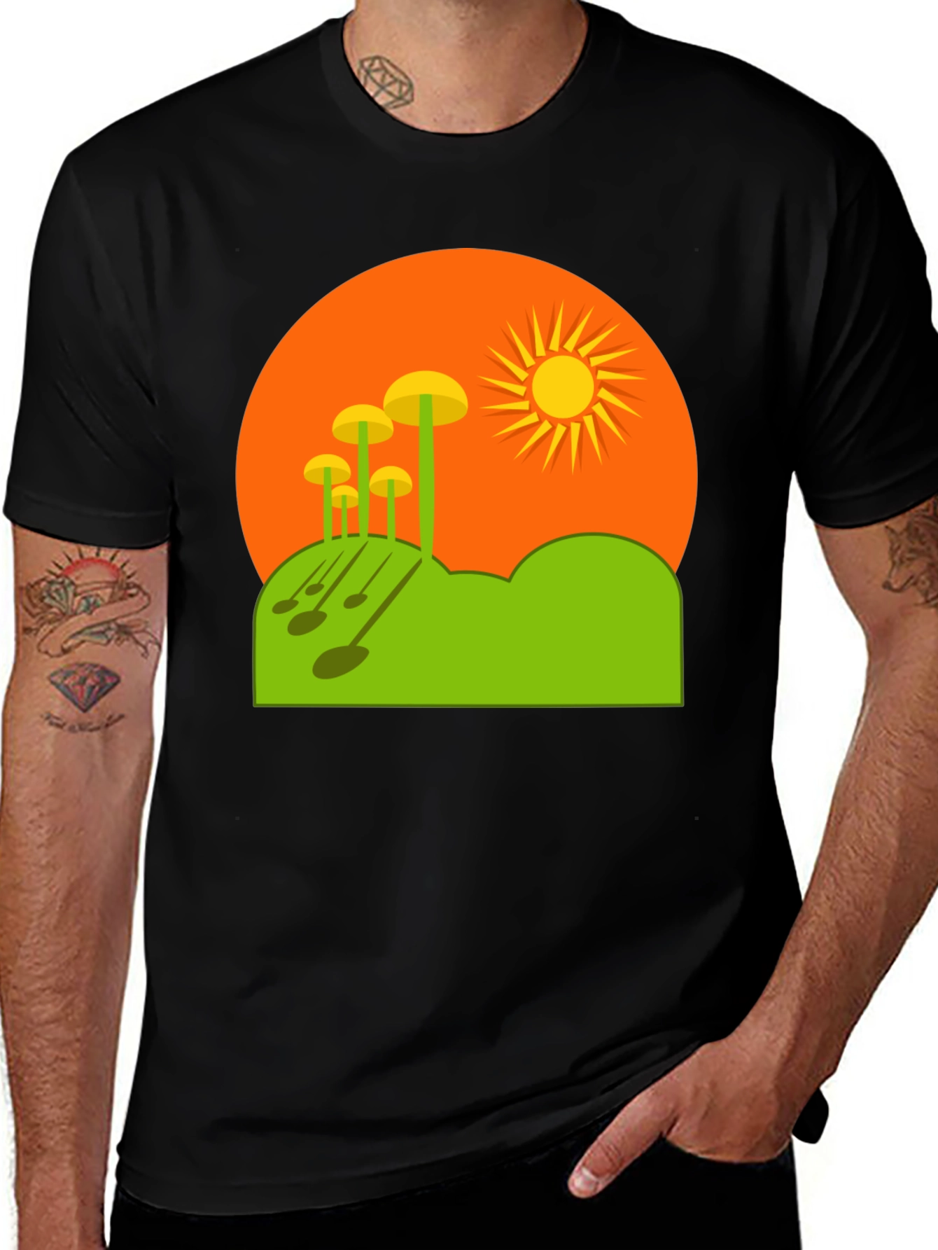Variant 28 of Funky Mushroom Sunset Graphic Tee - Black