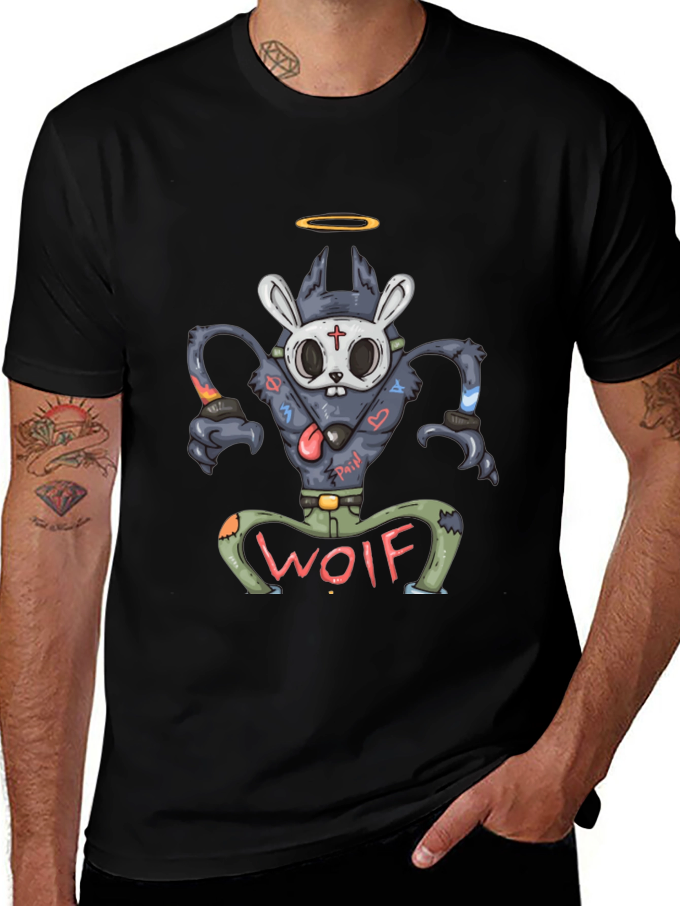 Variant 5 of Wolf Cartoon Graphic Black T-Shirt