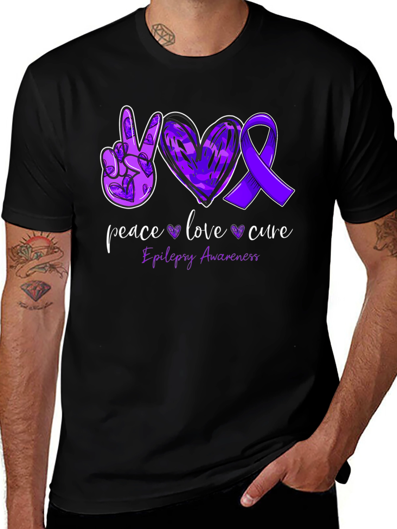 Epilepsy Awareness T-Shirt: Peace, Love, Cure Purple Ribbon