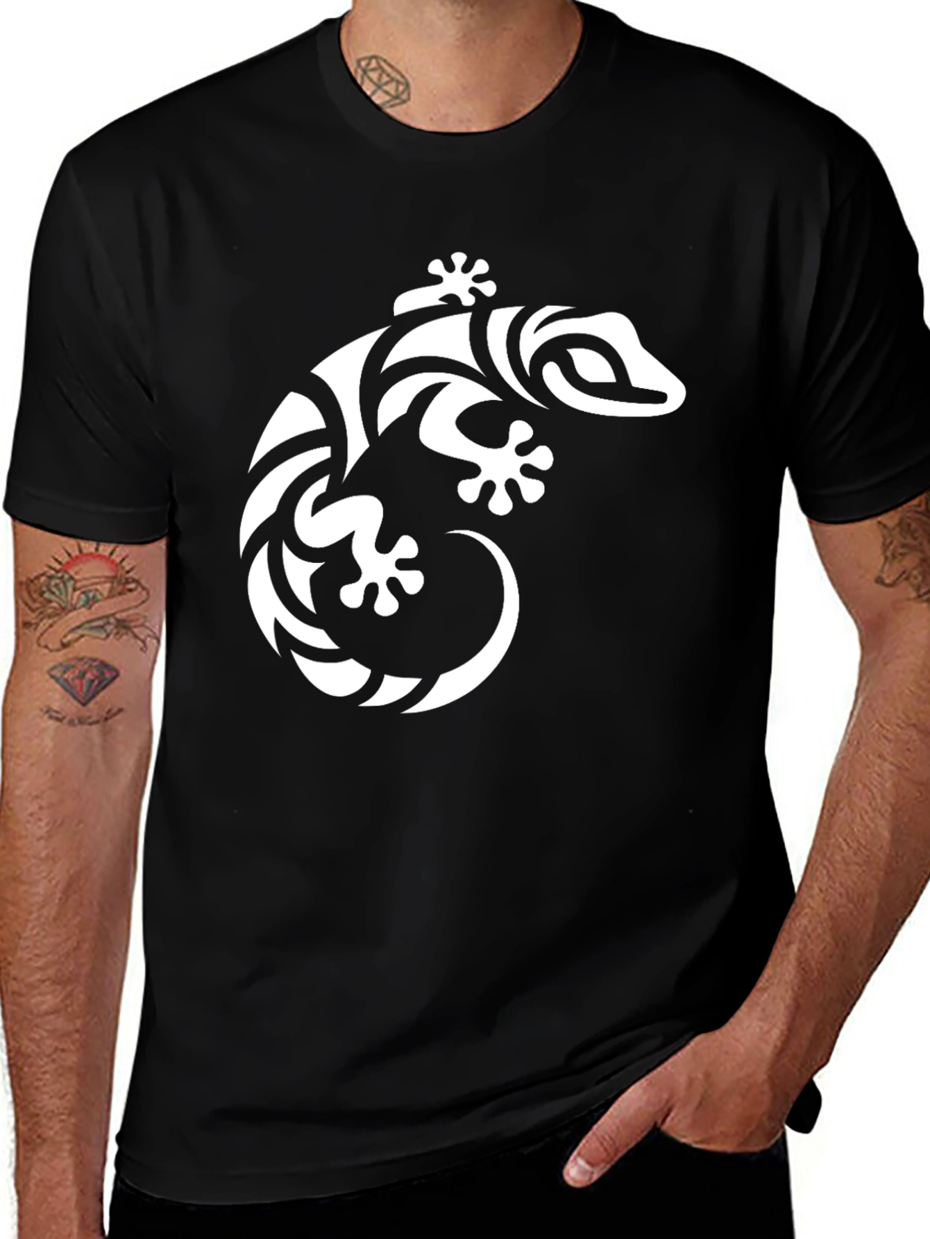 Variant 15 of Tribal Gecko Graphic Tee - Black Cotton Shirt