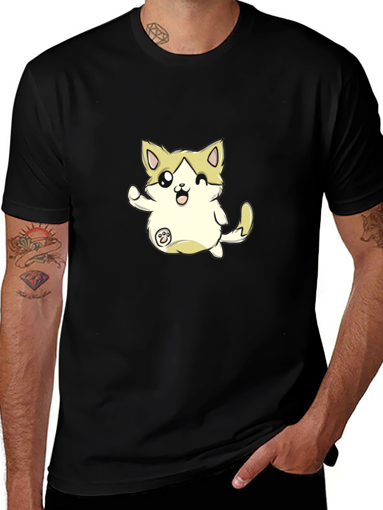 Variant 3 of Cute Cartoon Cat Graphic T-Shirt - Black Cotton Tee