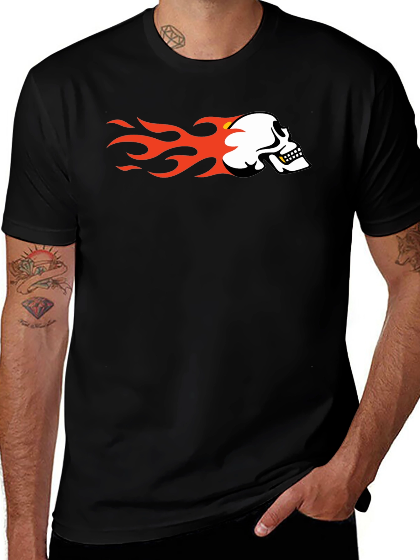 Variant 30 of Men's Black T-Shirt with Skull and Flames Graphic
