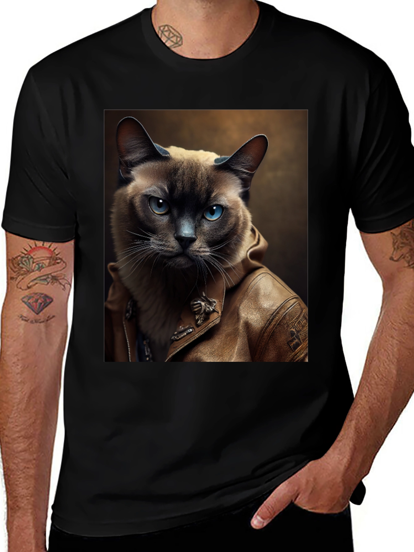 Variant 29 of Cat in Leather Jacket T-Shirt - Cool & Unique Tee