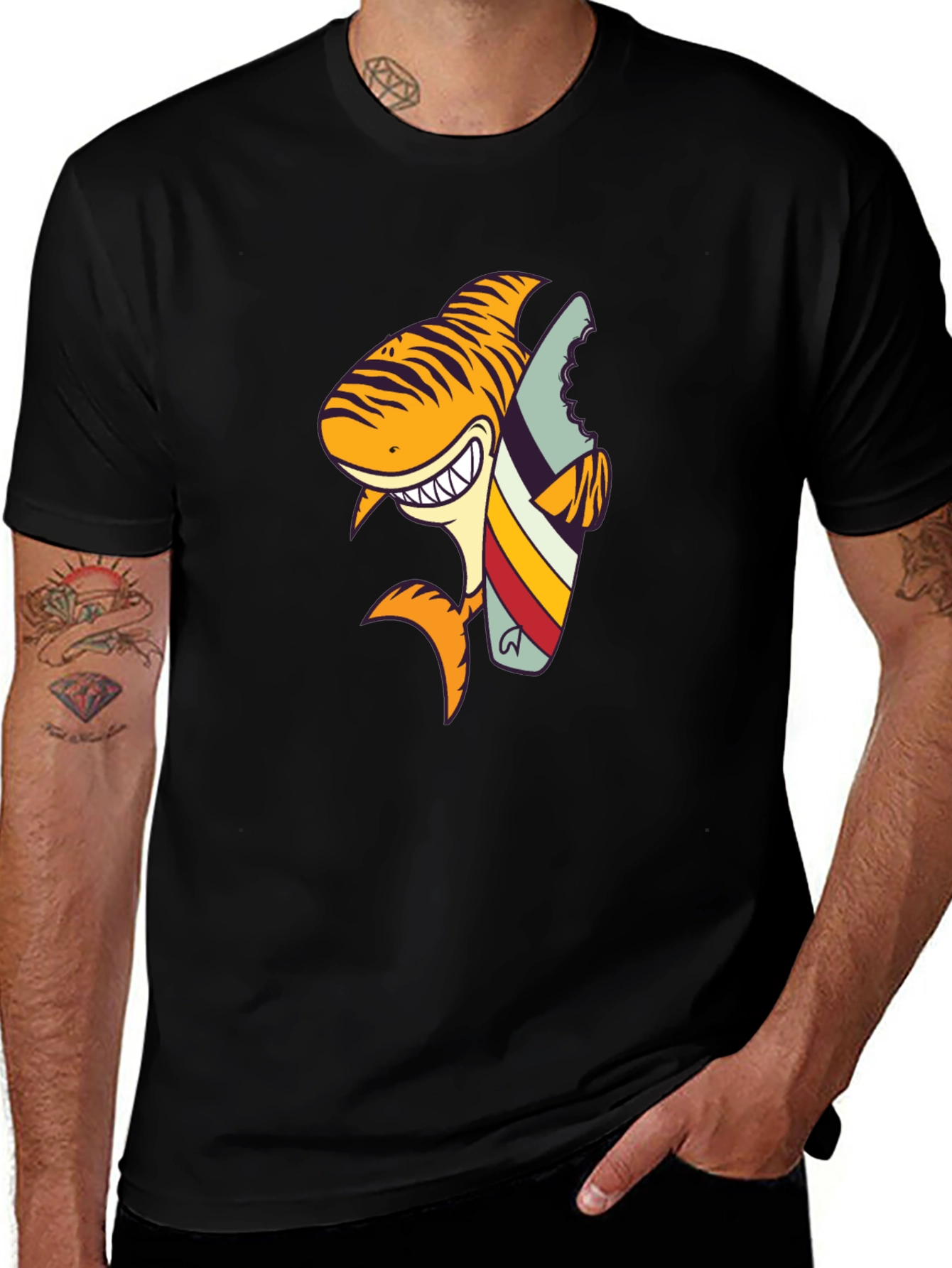 Variant 22 of Shark Surfboard Graphic Tee - Black Cotton T-Shirt
