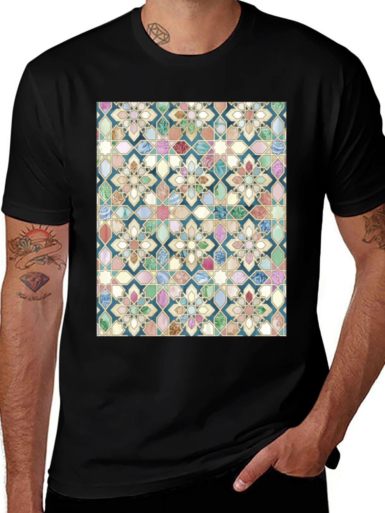 Variant 21 of Mosaic Tile Print Black T-Shirt