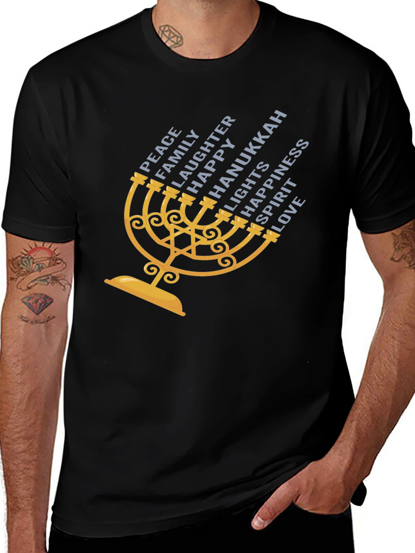 Hanukkah Menorah T-Shirt: Peace, Family, Love, and More!