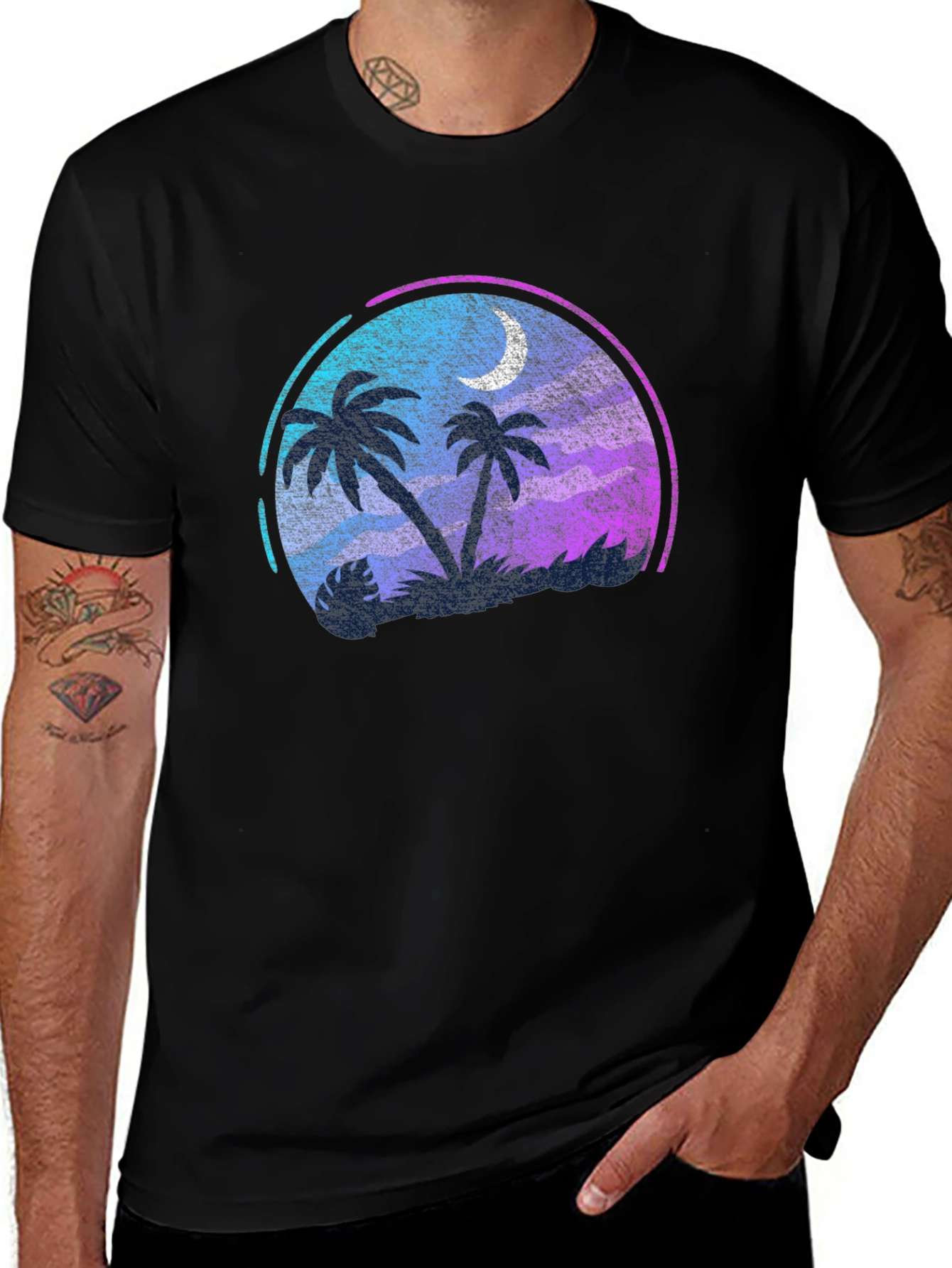 Variant 10 of Tropical Palm Tree Moon Graphic Black T-Shirt